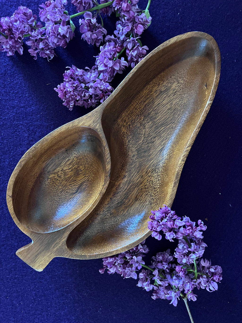 Vintage Carved Monkey Pod Wood Divided Leaf Dish