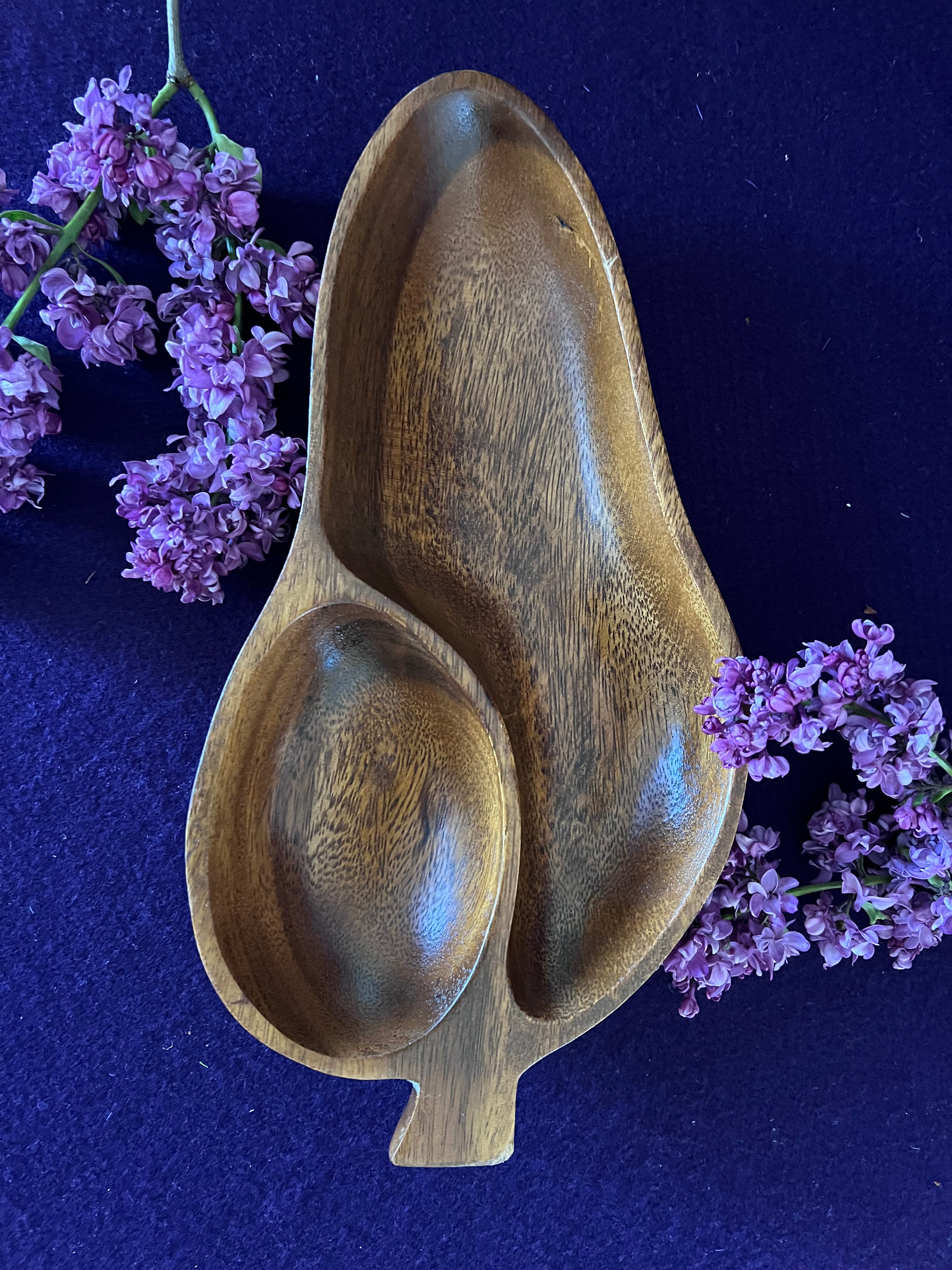 Vintage Carved Monkey Pod Wood Divided Leaf Dish