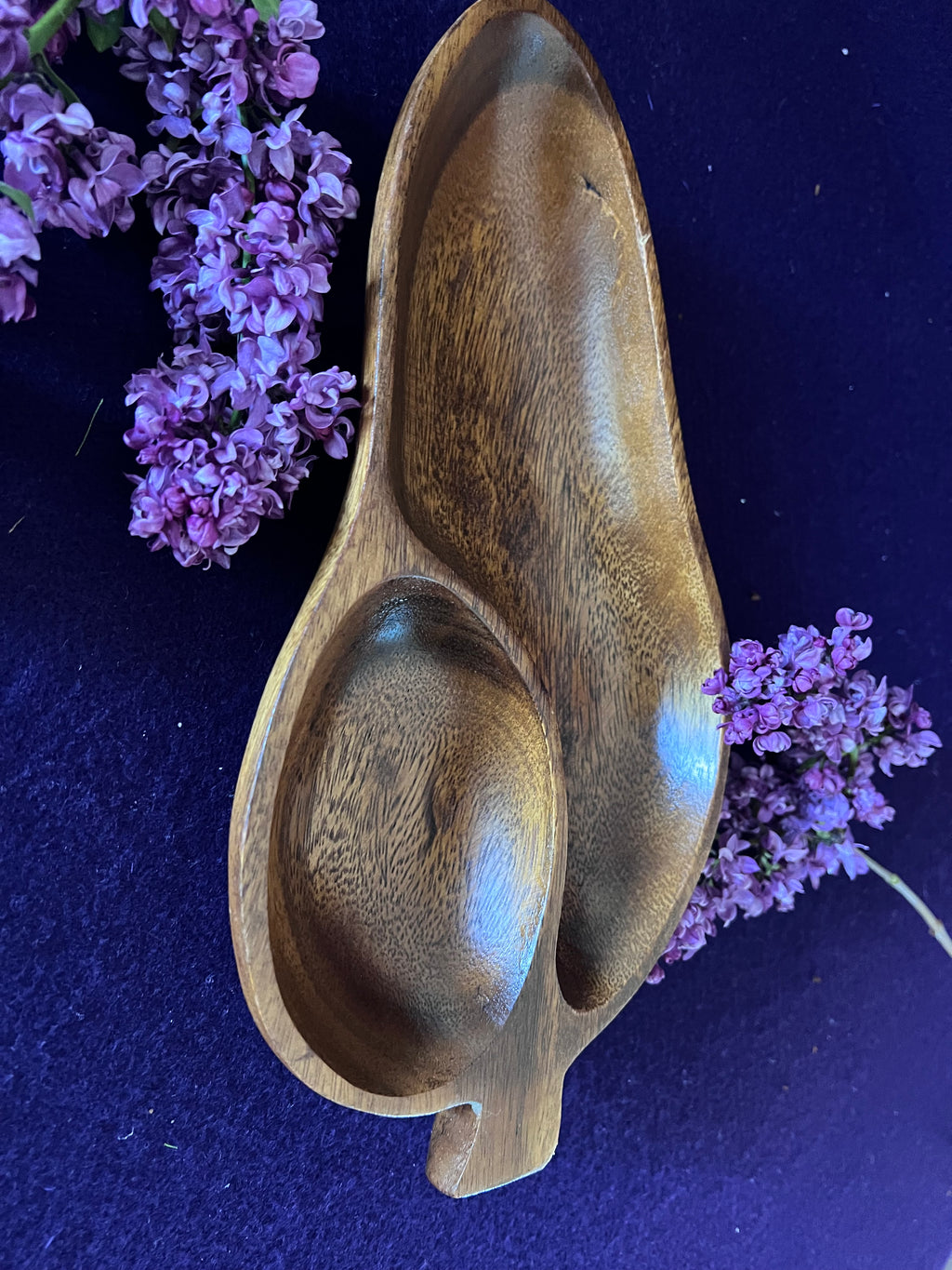 Vintage Carved Monkey Pod Wood Divided Leaf Dish