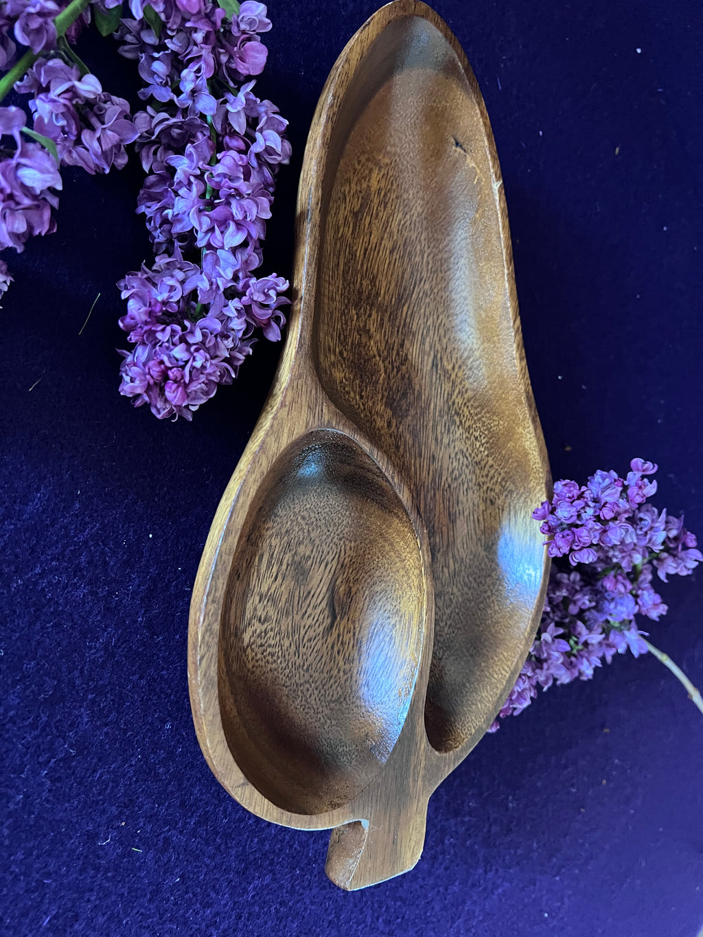 Vintage Carved Monkey Pod Wood Divided Leaf Dish