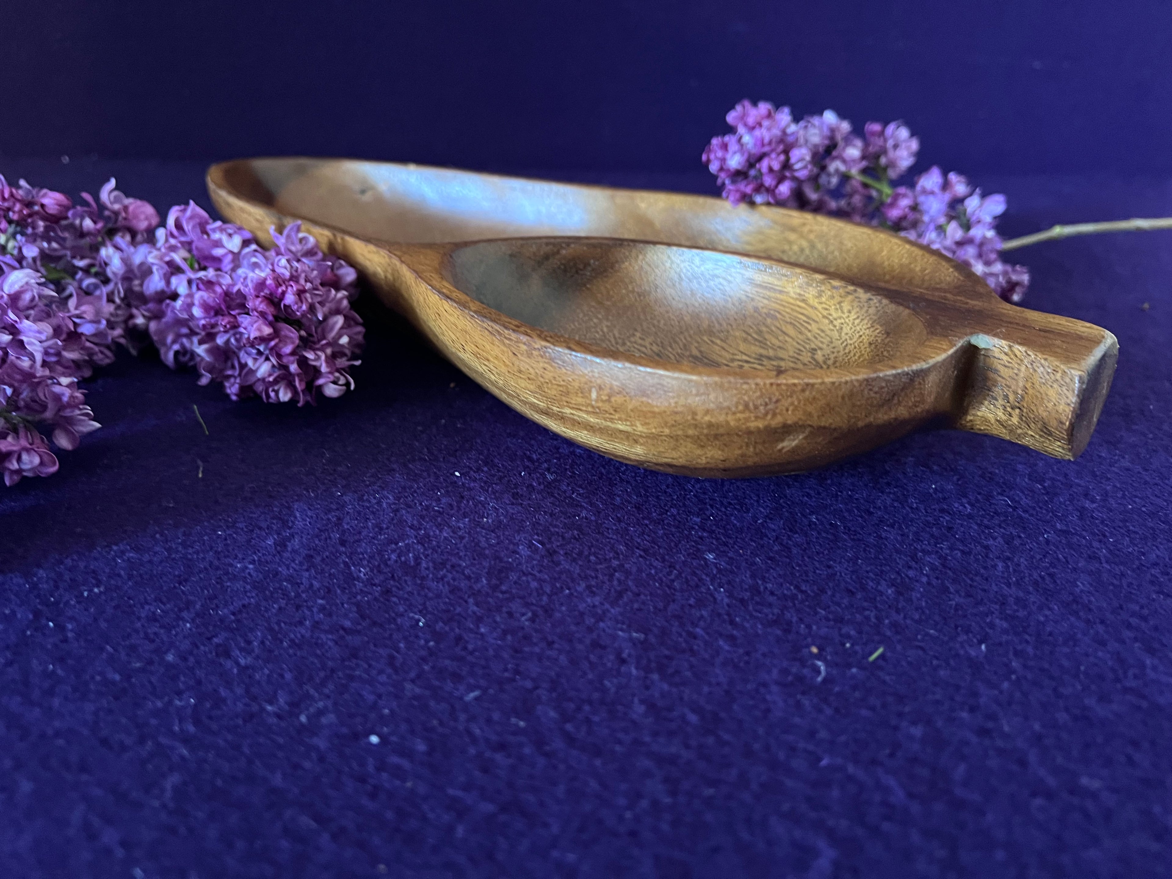 Vintage Carved Monkey Pod Wood Divided Leaf Dish