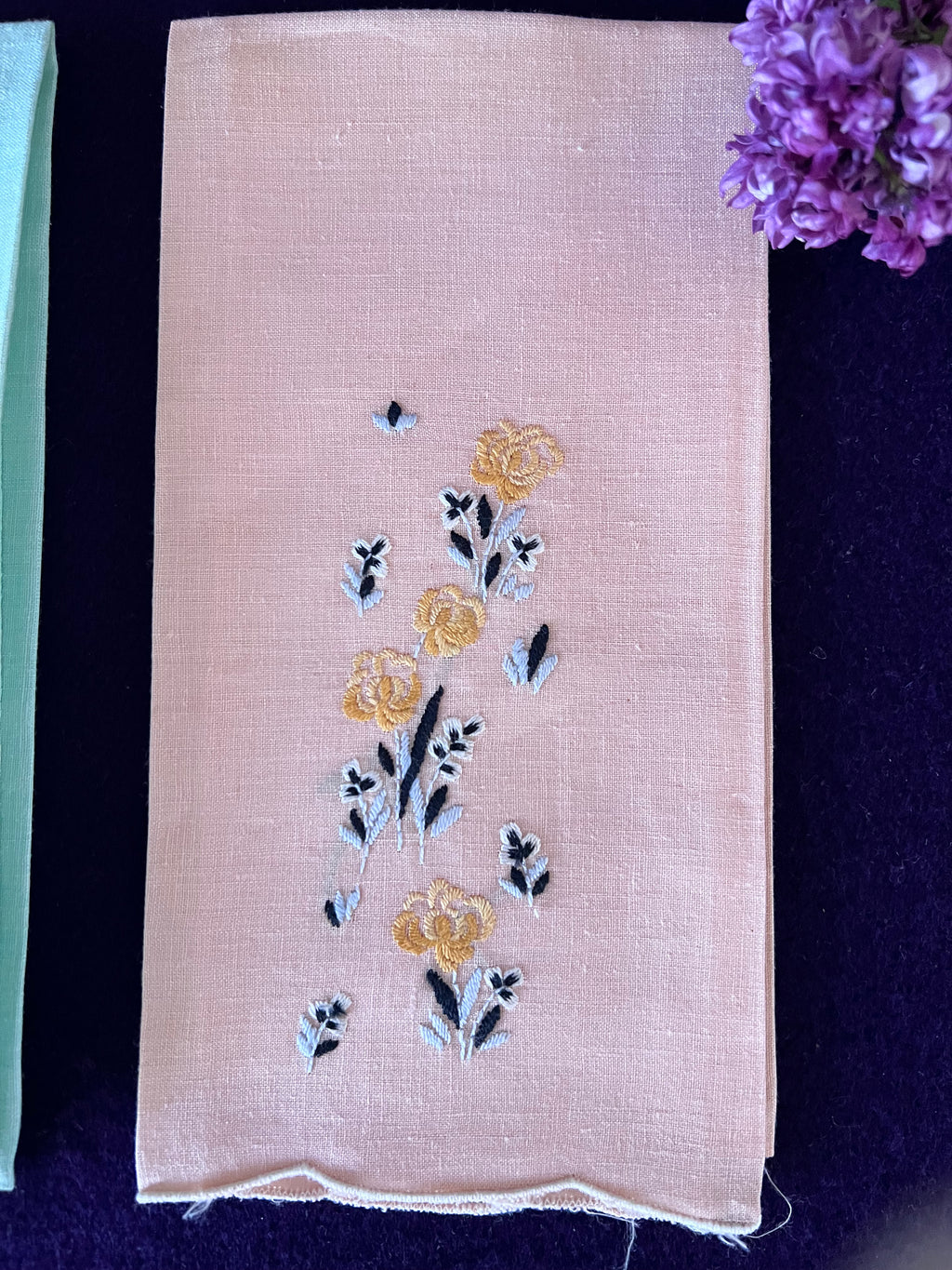 Vintage Mid-Century Hand-Embroidered Pastel Linen Guest Towels / Cocktail Napkins – Set of 2 (Mint Green & Soft Peach)