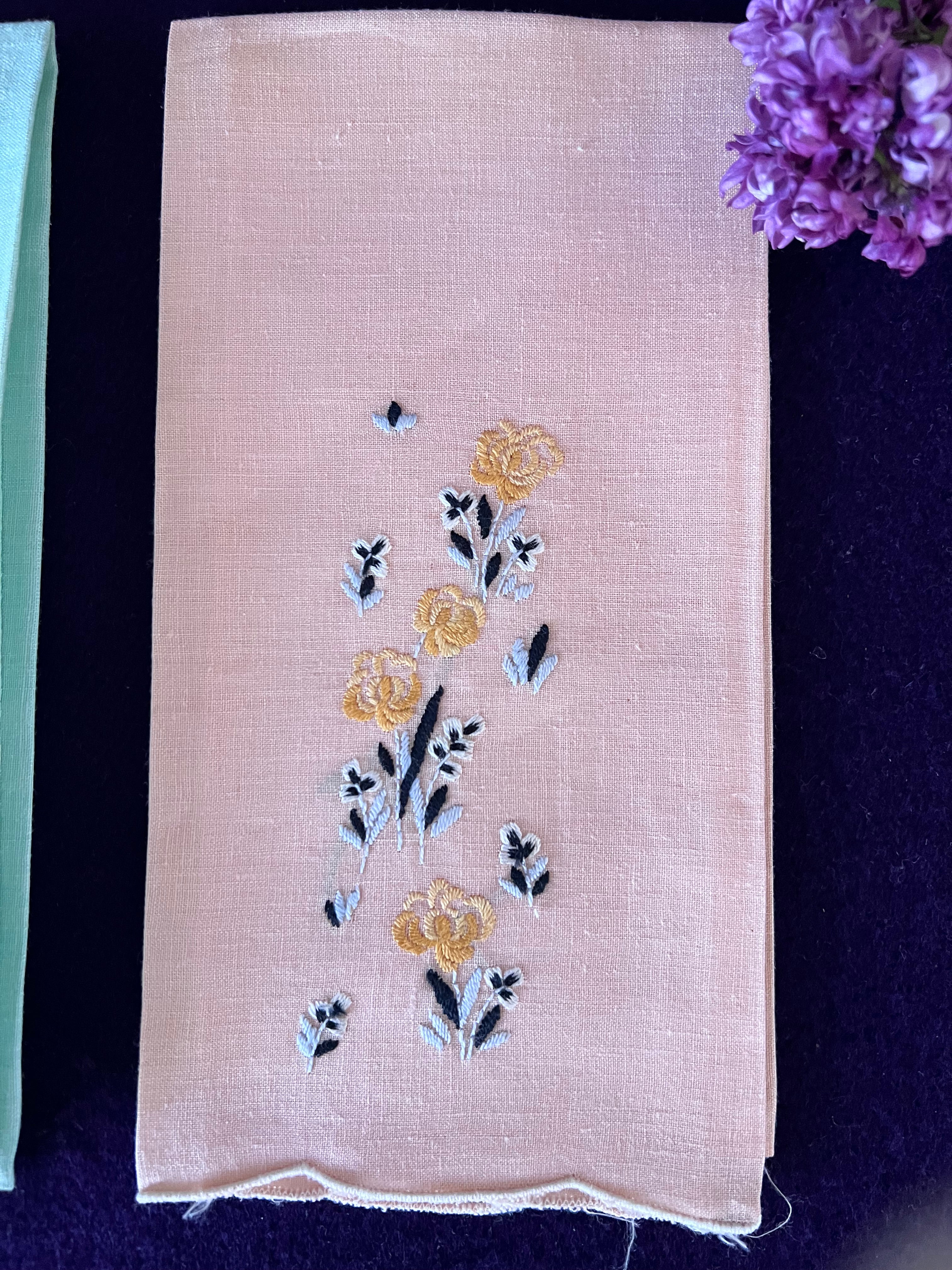 Vintage Mid-Century Hand-Embroidered Pastel Linen Guest Towels / Cocktail Napkins – Set of 2 (Mint Green & Soft Peach)
