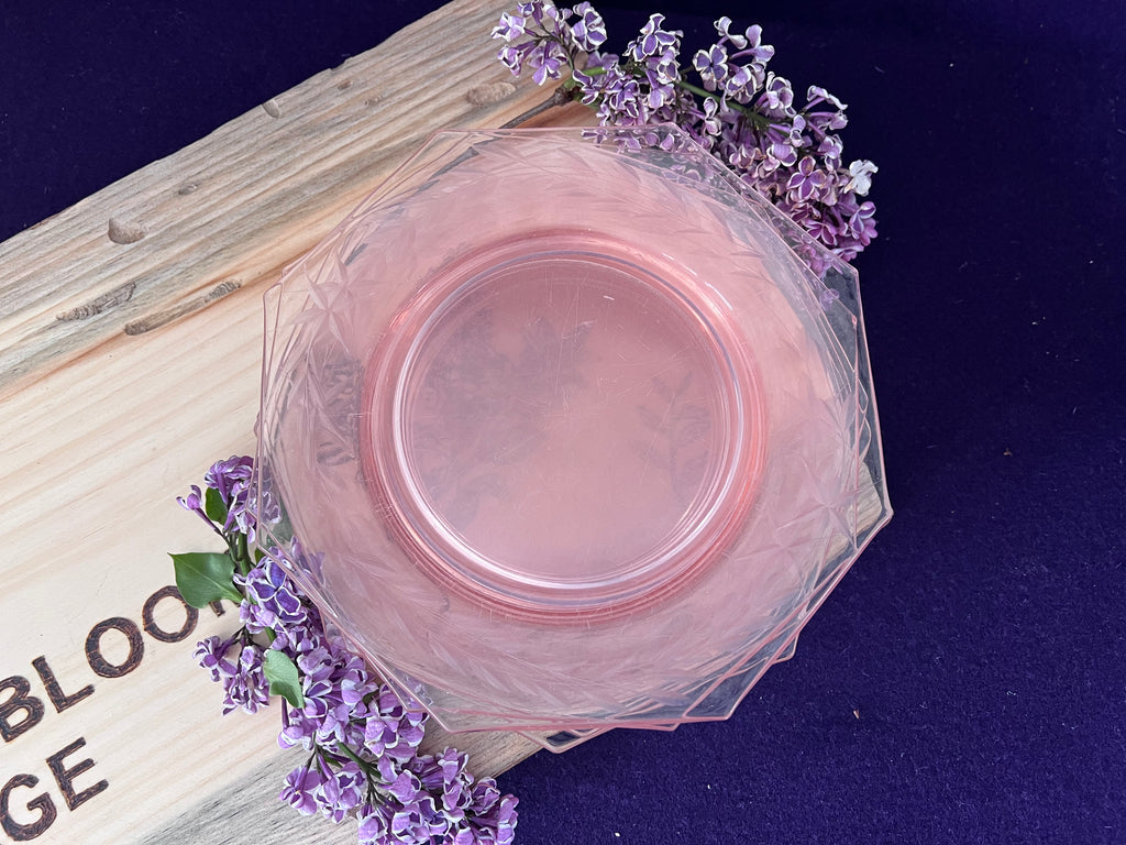 Vintage Pink Depression Glass Octagonal Plates – Laurel Leaf & Star Motif – Set of 6
