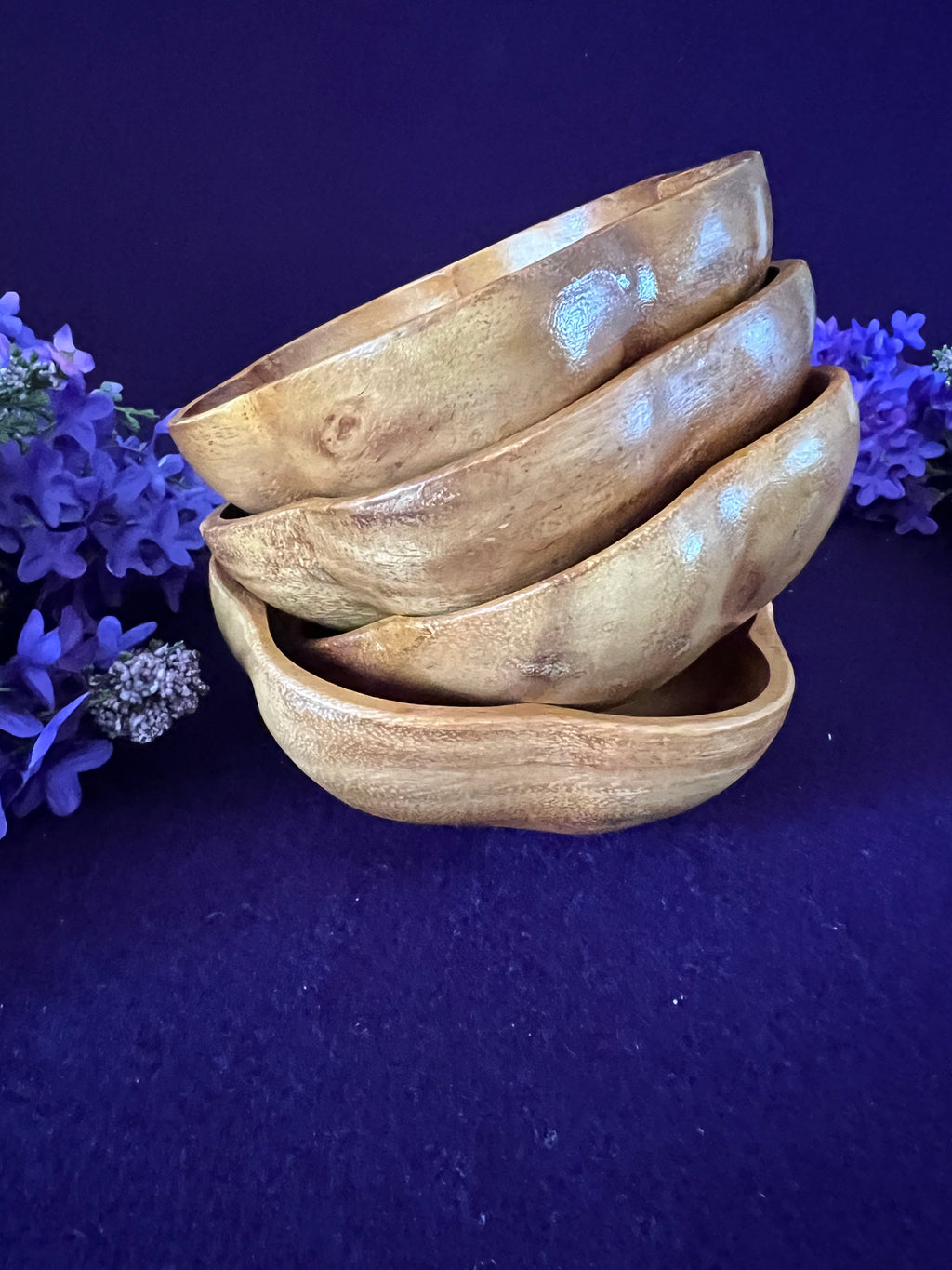 Vintage Hand-Carved Monkey Pod Wood Flower Bowls — Set of 4