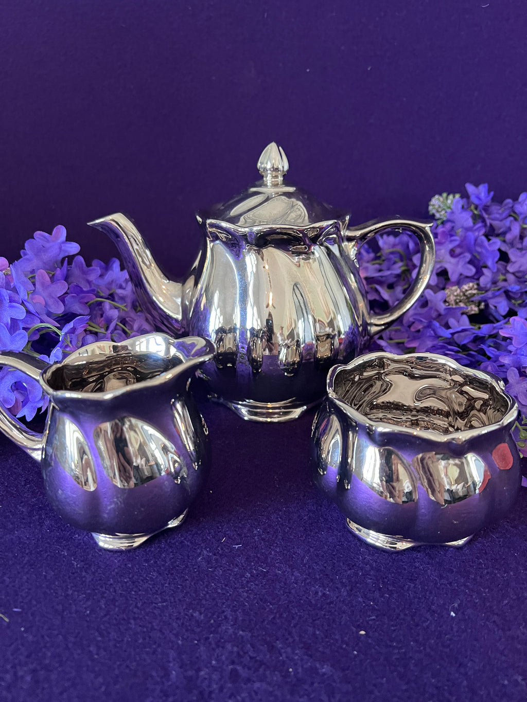 Vintage Royal Winton Platinum Lustre 3-Piece Tea Set - Teapot, Creamer, and Sugar Bowl - Made in England - Mid-Century Silver Lustreware