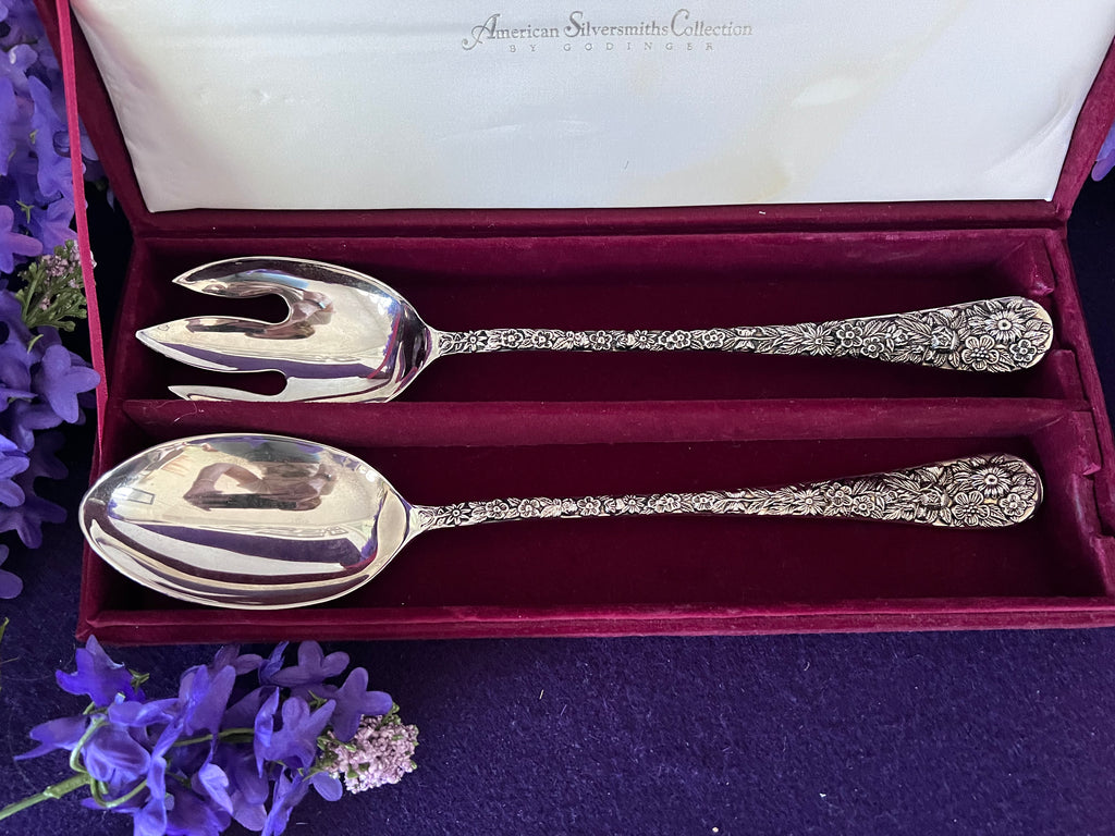 Vintage Godinger Silver Plated Salad Serving Set Cased, American Silversmiths Collection Repousse Floral Salad Spoon and Fork Set