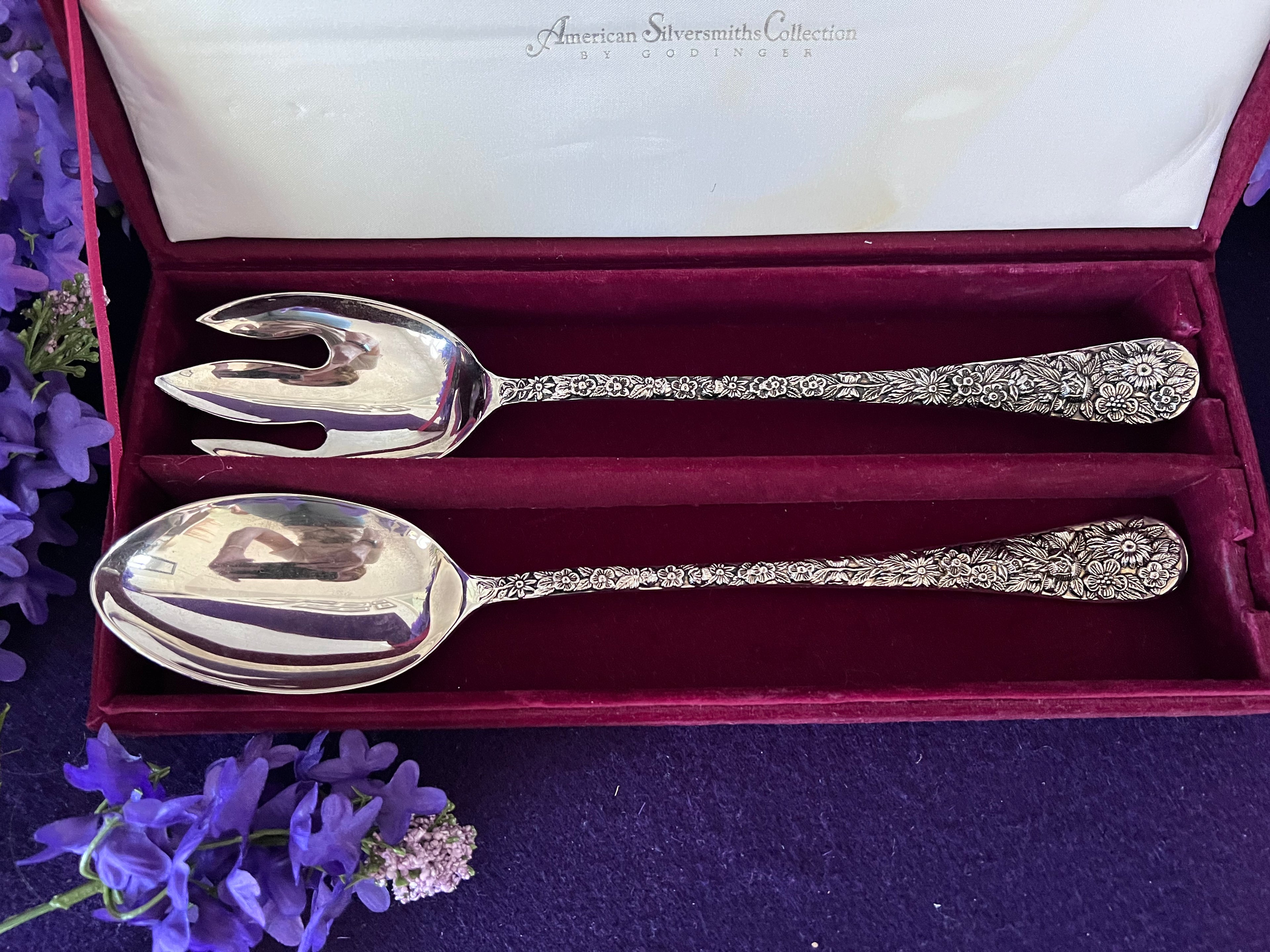 Vintage Godinger Silver Plated Salad Serving Set Cased, American Silversmiths Collection Repousse Floral Salad Spoon and Fork Set