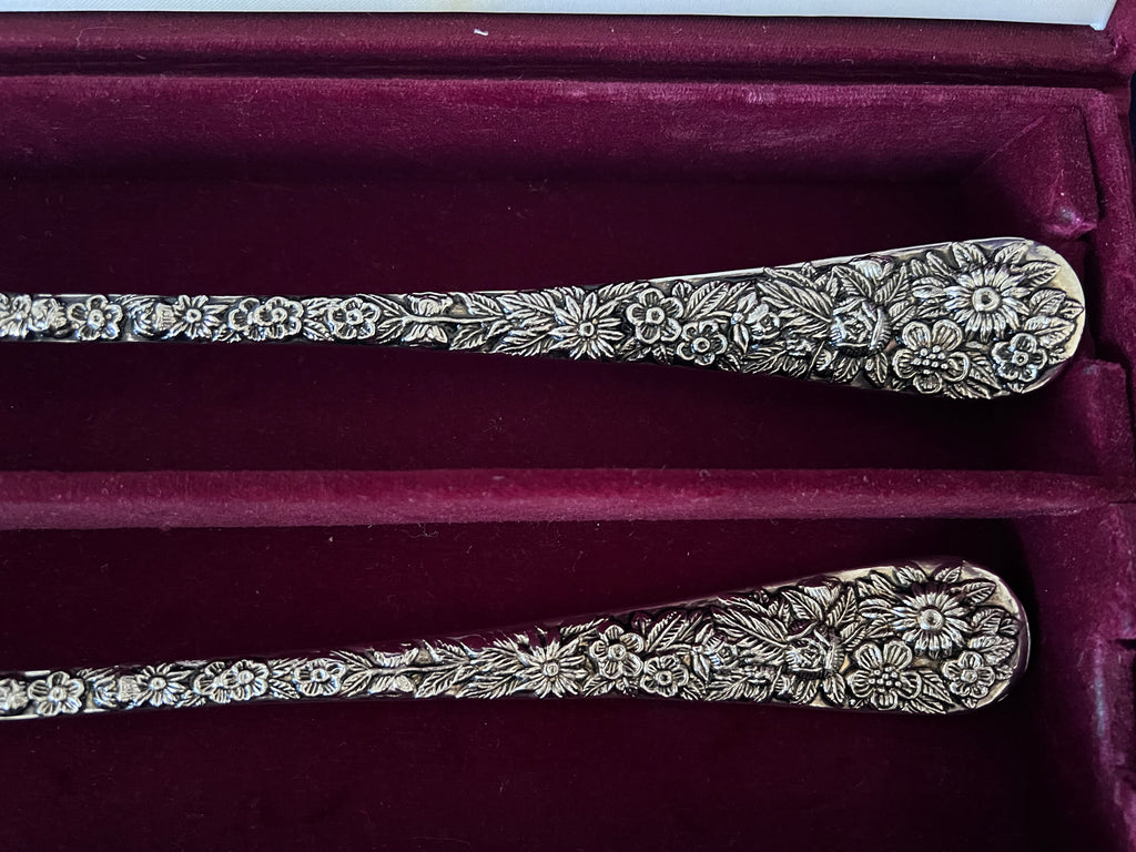Vintage Godinger Silver Plated Salad Serving Set Cased, American Silversmiths Collection Repousse Floral Salad Spoon and Fork Set