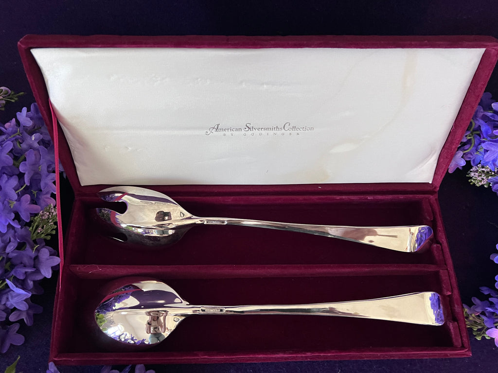 Vintage Godinger Silver Plated Salad Serving Set Cased, American Silversmiths Collection Repousse Floral Salad Spoon and Fork Set