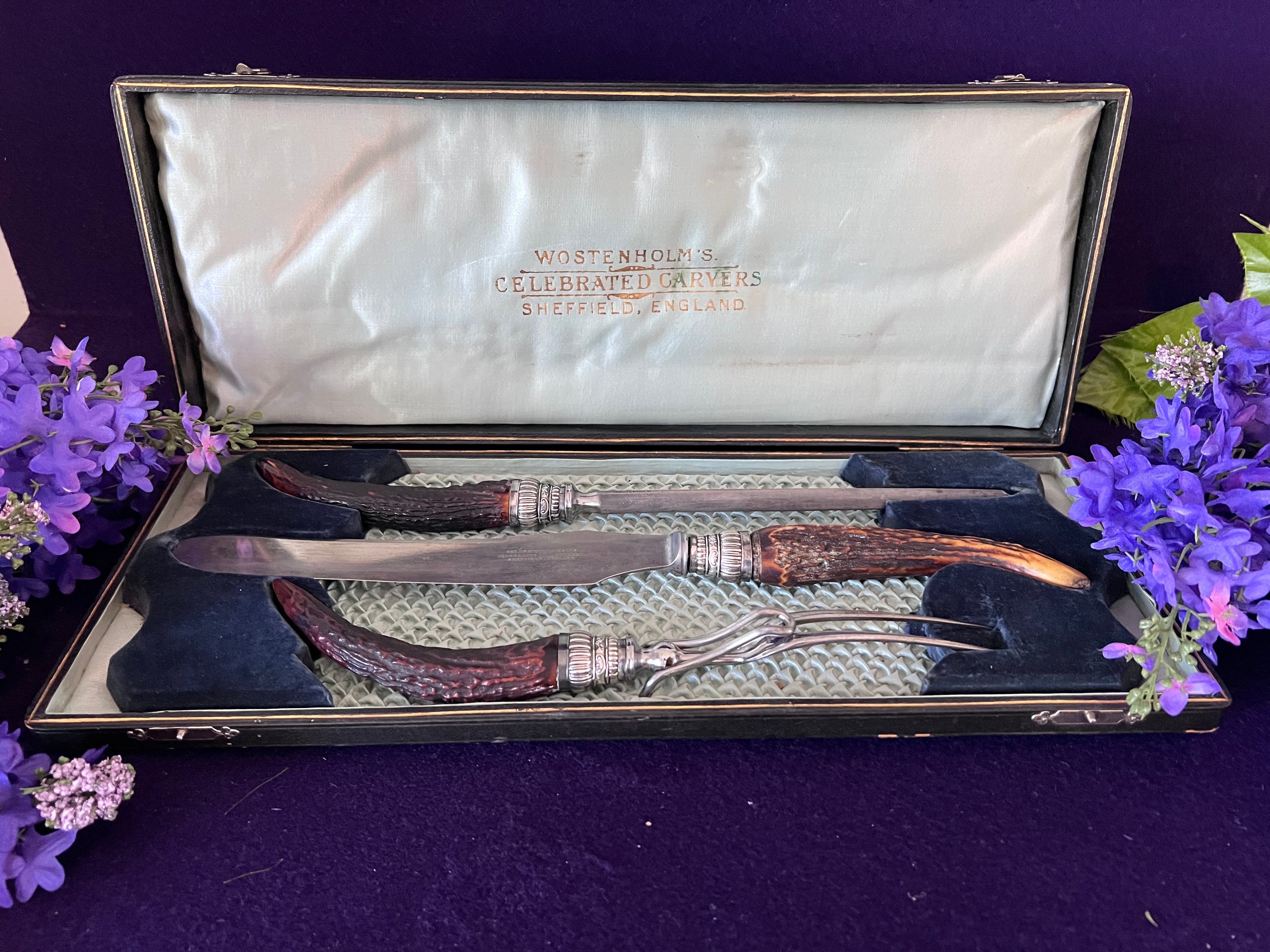 Antique George Wostenholm & Son I·XL 3-Piece Carving Set, Stag Antler Handles & Ornate Sterling Silver Ferrules, Sheffield England Cutlery with Original Presentation Case