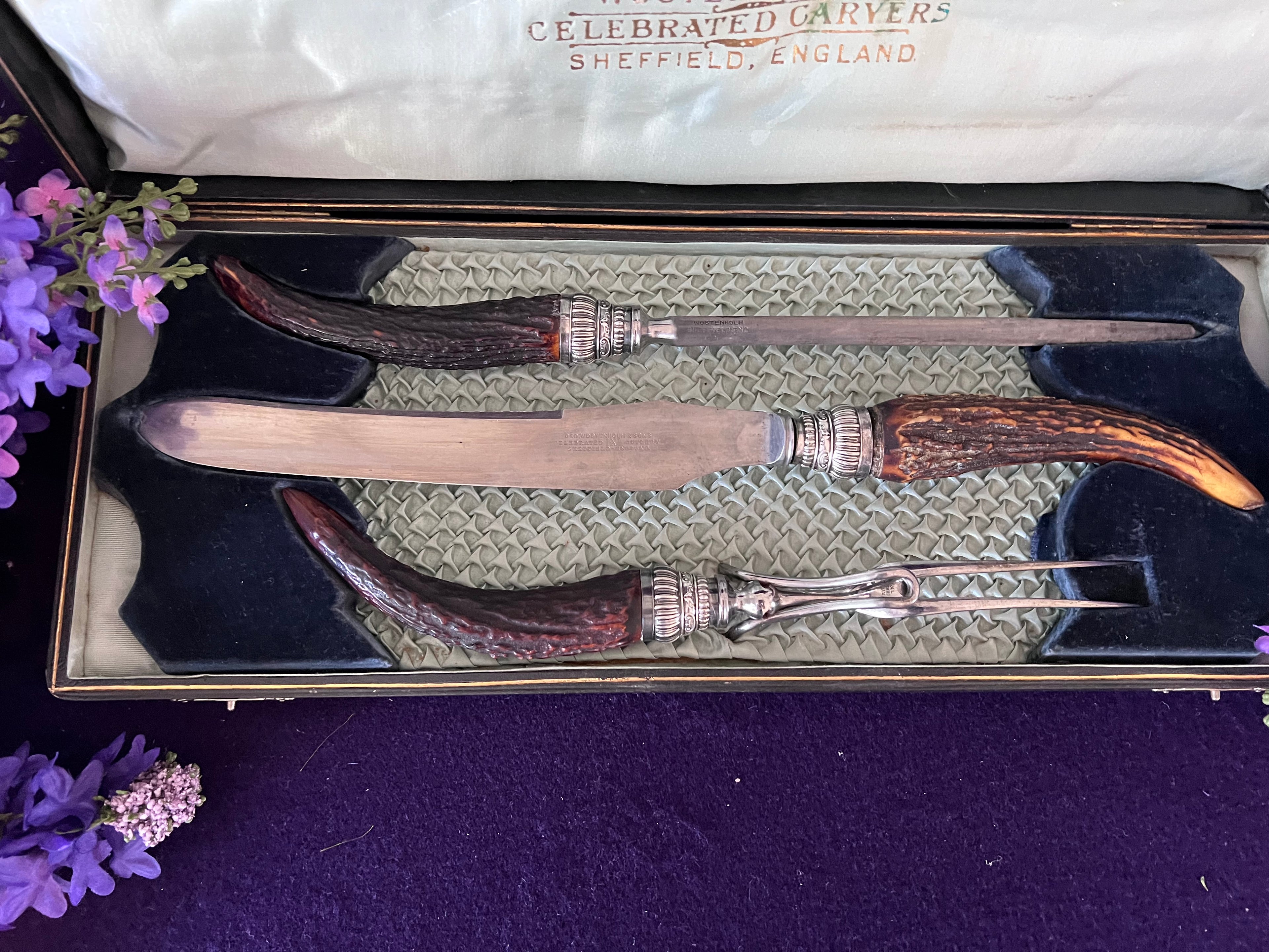Antique George Wostenholm & Son I·XL 3-Piece Carving Set, Stag Antler Handles & Ornate Sterling Silver Ferrules, Sheffield England Cutlery with Original Presentation Case