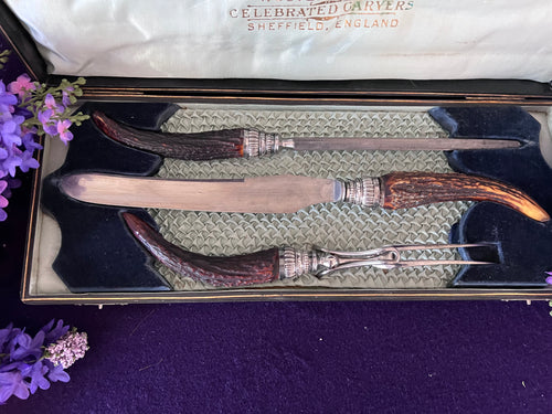 Antique George Wostenholm & Son I·XL 3-Piece Carving Set, Stag Antler Handles & Ornate Sterling Silver Ferrules, Sheffield England Cutlery with Original Presentation Case