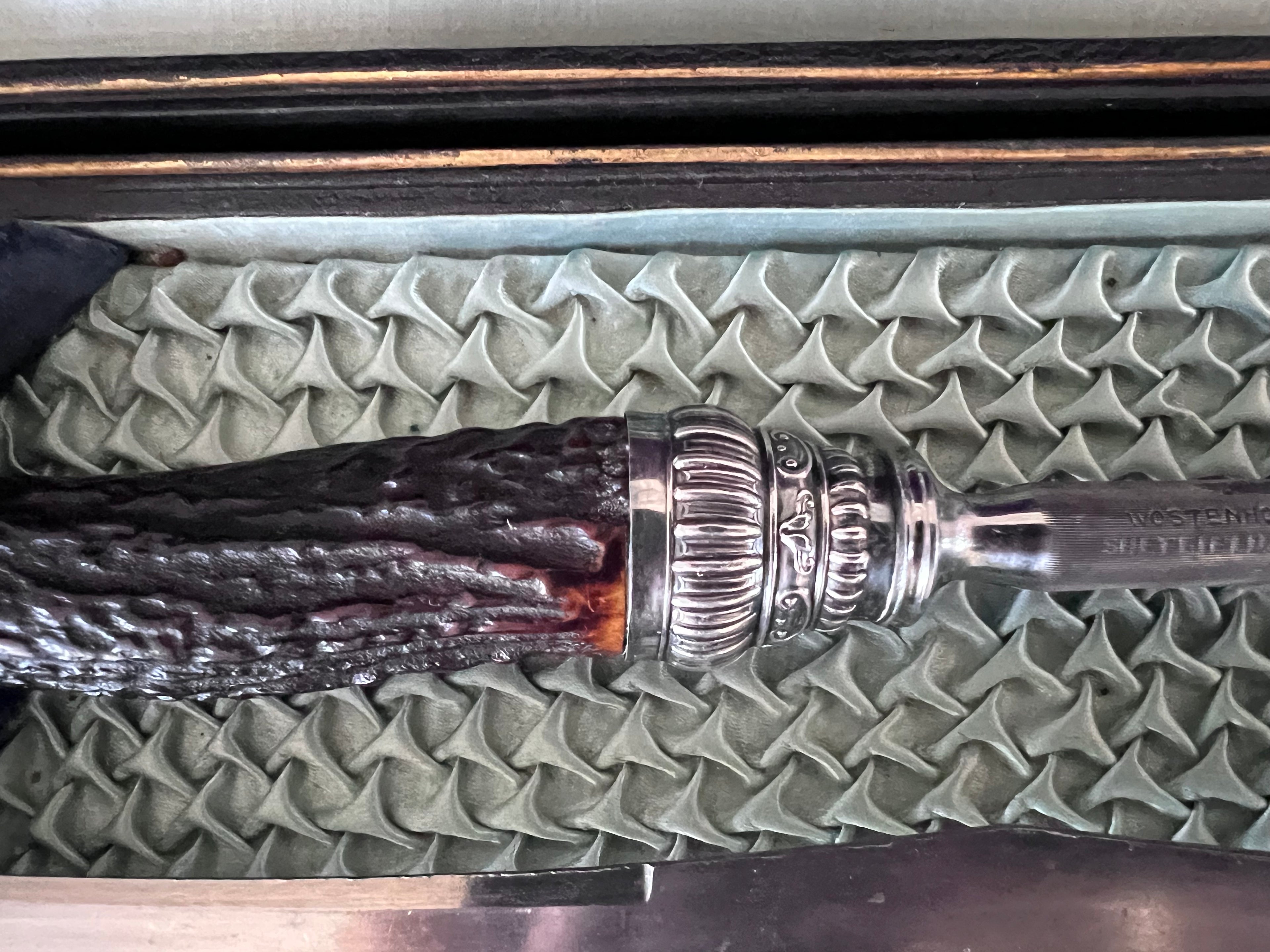 Antique George Wostenholm & Son I·XL 3-Piece Carving Set, Stag Antler Handles & Ornate Sterling Silver Ferrules, Sheffield England Cutlery with Original Presentation Case