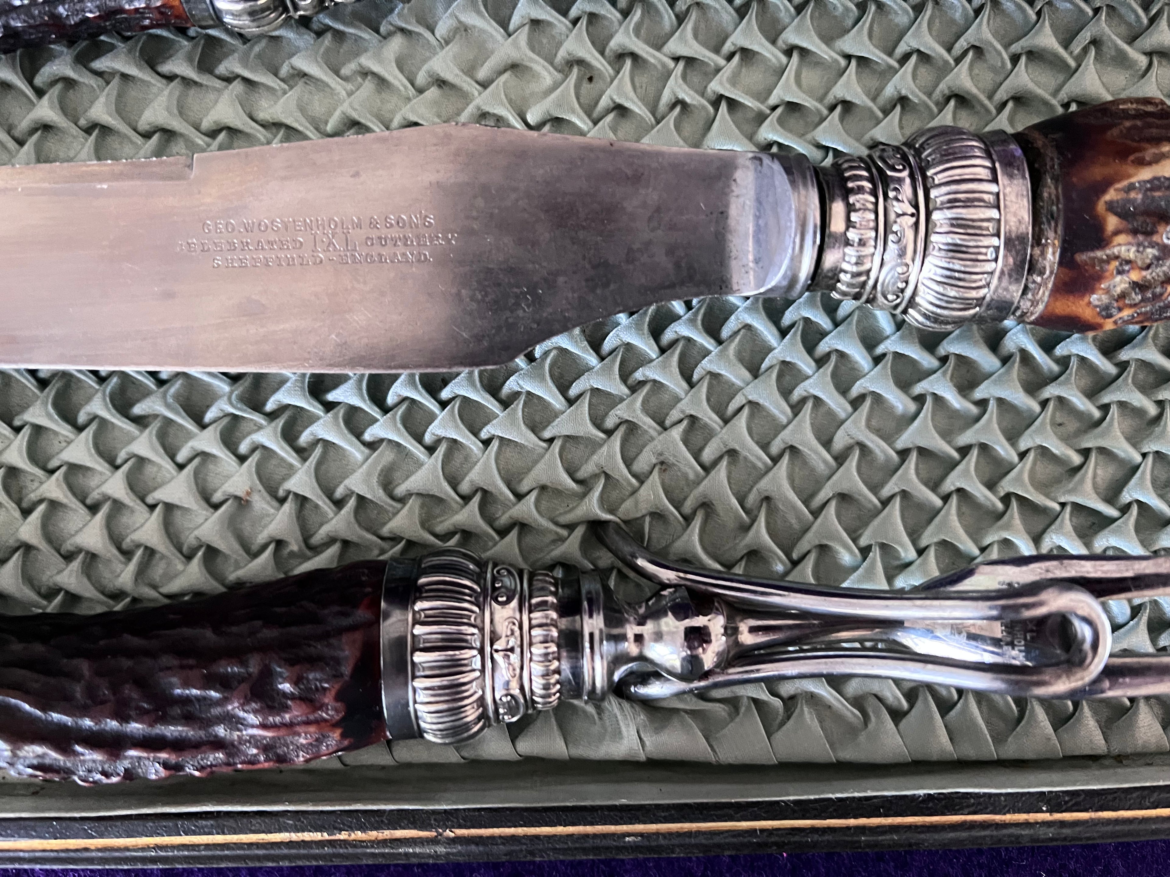 Antique George Wostenholm & Son I·XL 3-Piece Carving Set, Stag Antler Handles & Ornate Sterling Silver Ferrules, Sheffield England Cutlery with Original Presentation Case