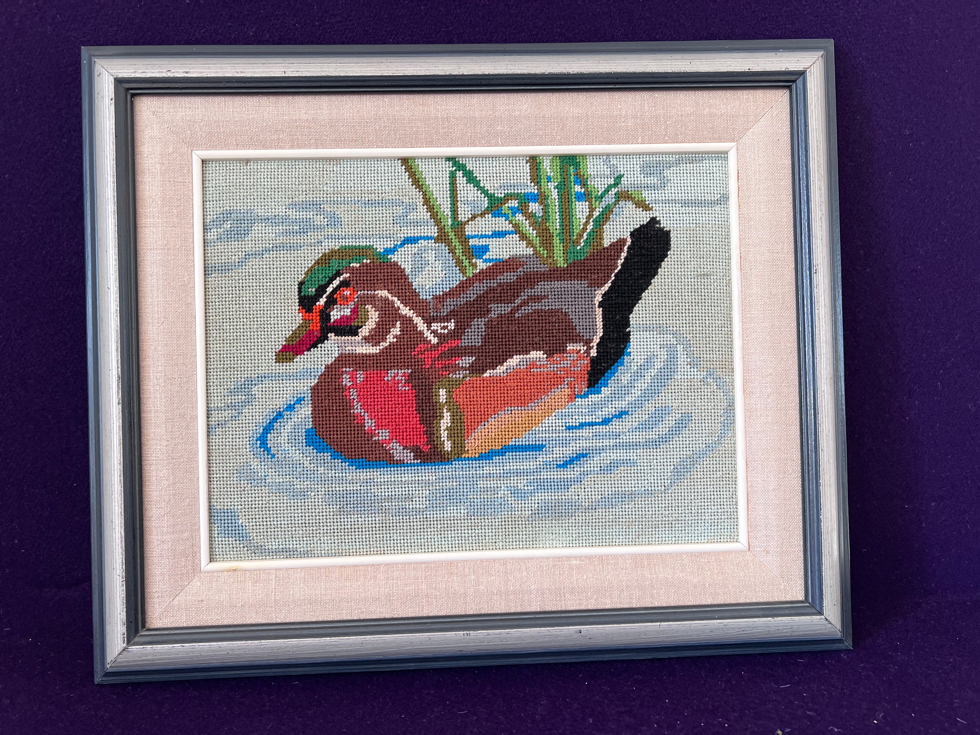 Vintage Wood Duck Needlepoint – Framed Bird Embroidery Wall Art