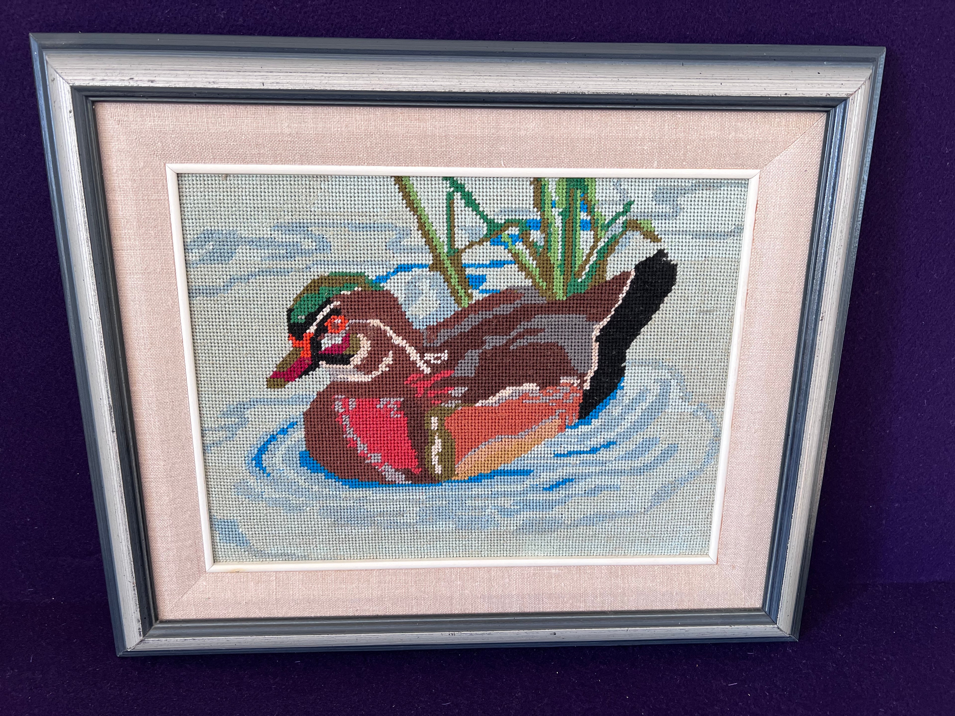 Vintage Wood Duck Needlepoint – Framed Bird Embroidery Wall Art