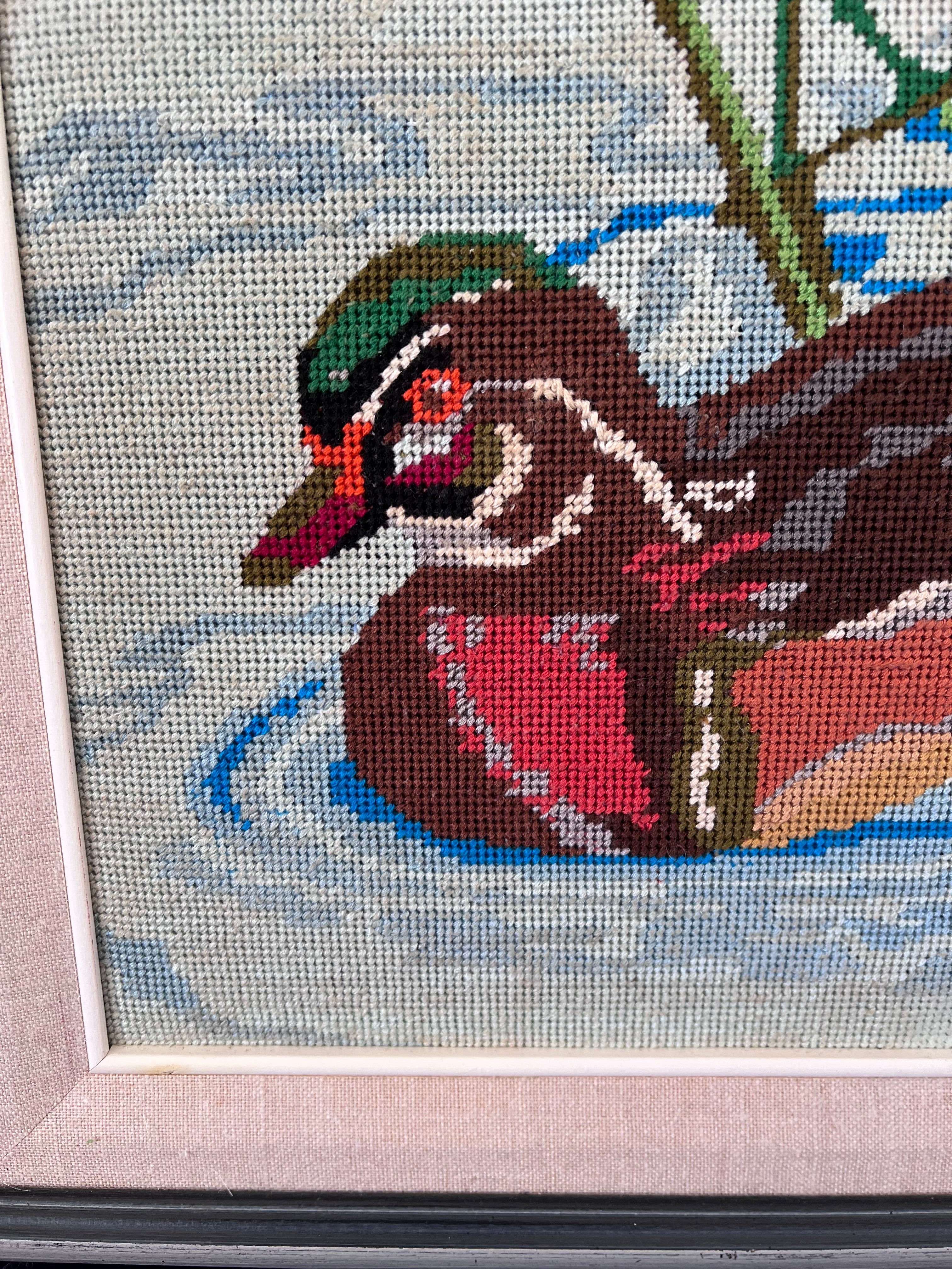 Vintage Wood Duck Needlepoint – Framed Bird Embroidery Wall Art