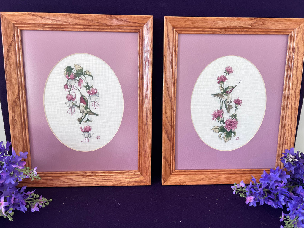 Pair of Vintage Framed Hummingbird Cross-Stitch Wall Art – Muted Plum & Oak