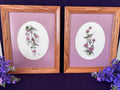 Pair of Vintage Framed Hummingbird Cross-Stitch Wall Art – Muted Plum & Oak