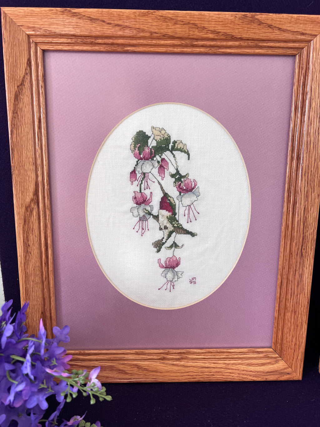 Pair of Vintage Framed Hummingbird Cross-Stitch Wall Art – Muted Plum & Oak