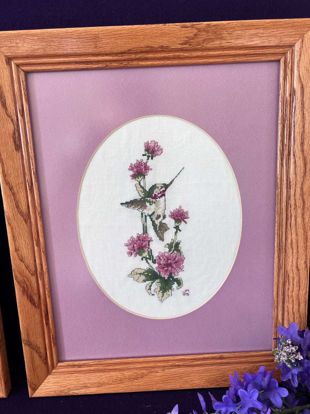 Pair of Vintage Framed Hummingbird Cross-Stitch Wall Art – Muted Plum & Oak