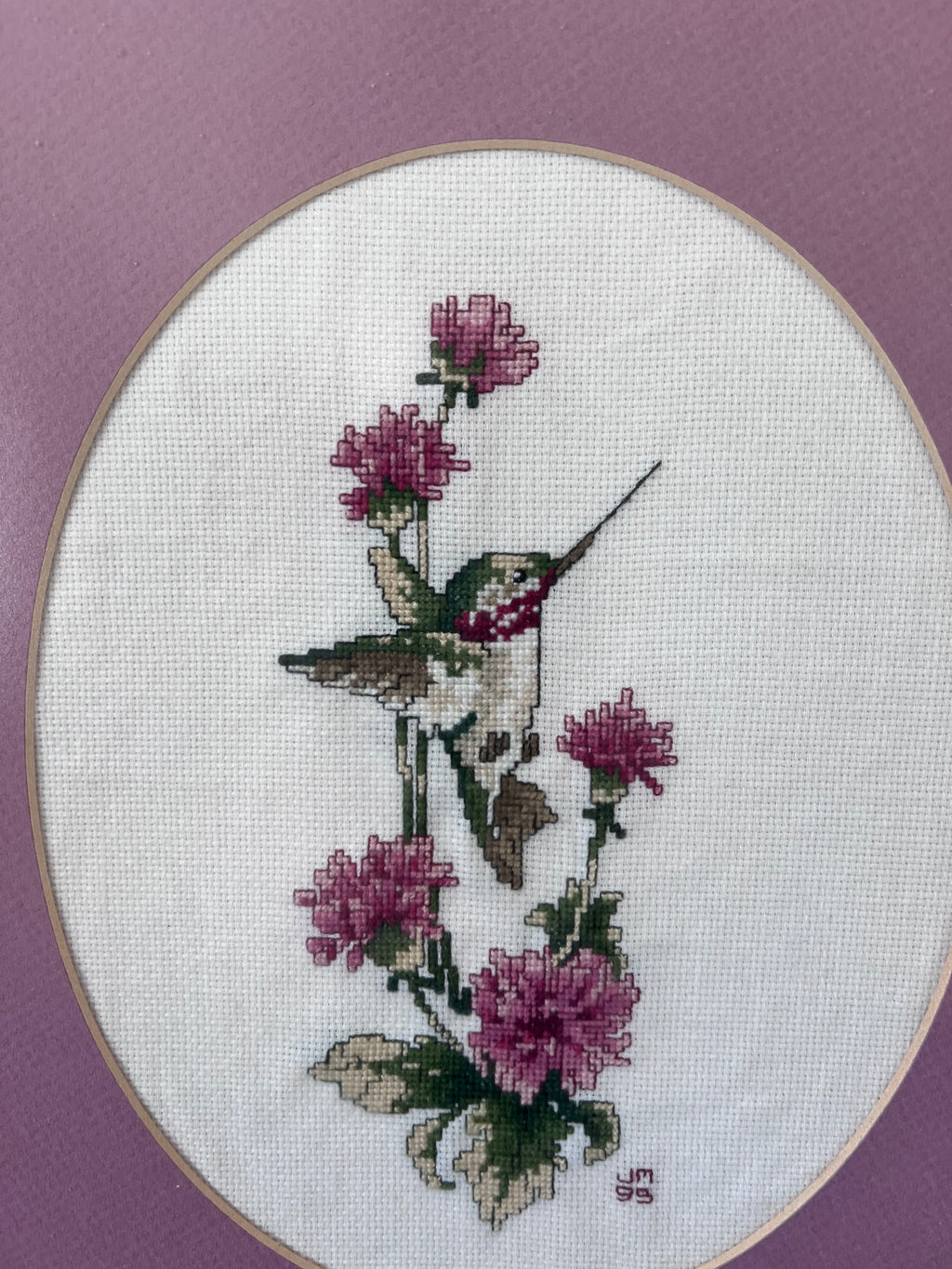 Pair of Vintage Framed Hummingbird Cross-Stitch Wall Art – Muted Plum & Oak