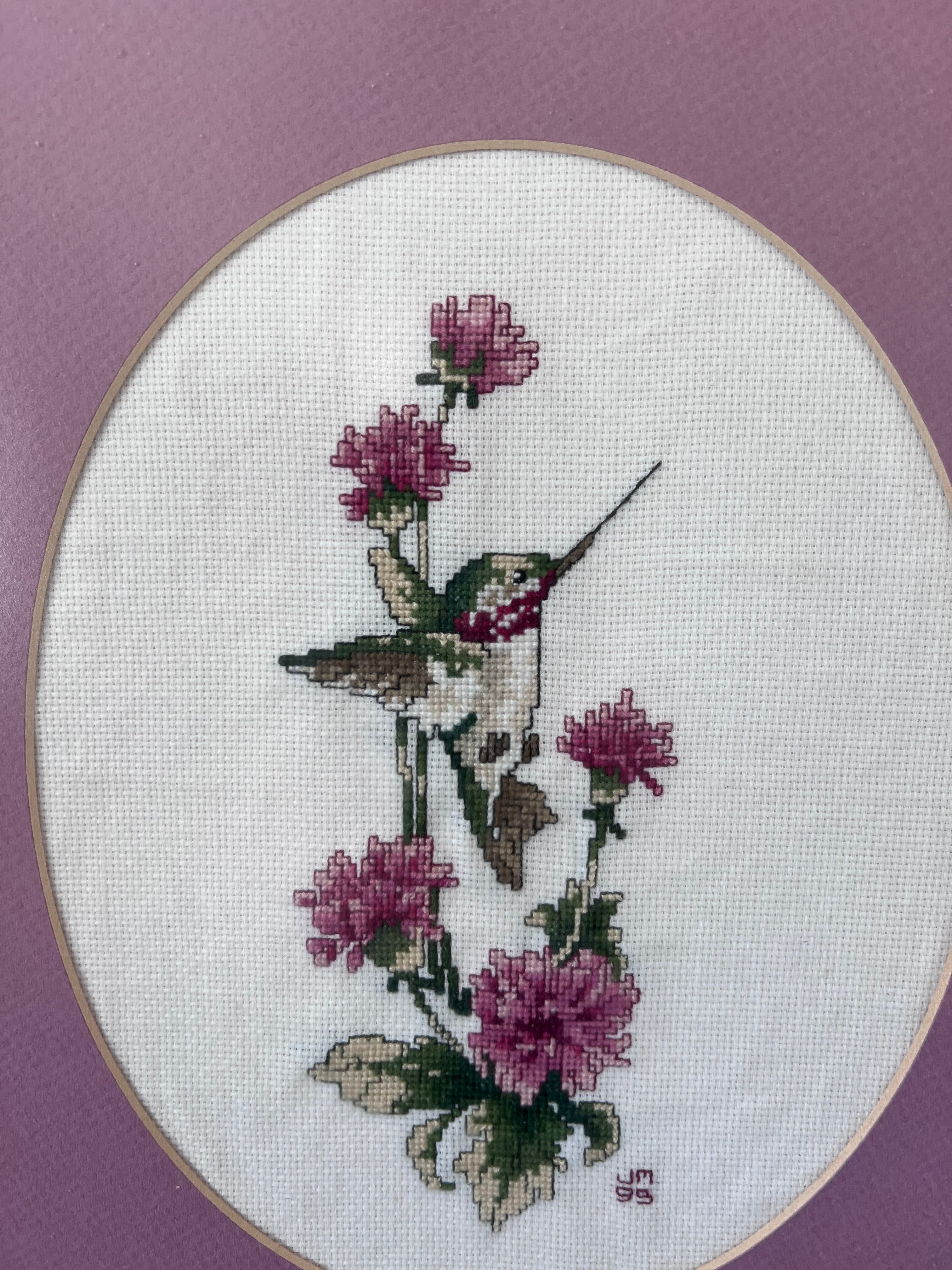 Pair of Vintage Framed Hummingbird Cross-Stitch Wall Art – Muted Plum & Oak