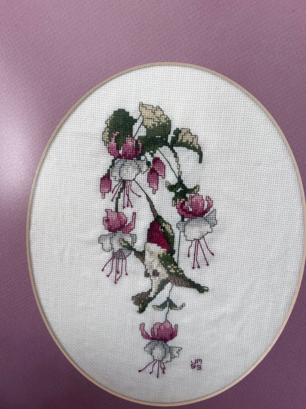 Pair of Vintage Framed Hummingbird Cross-Stitch Wall Art – Muted Plum & Oak