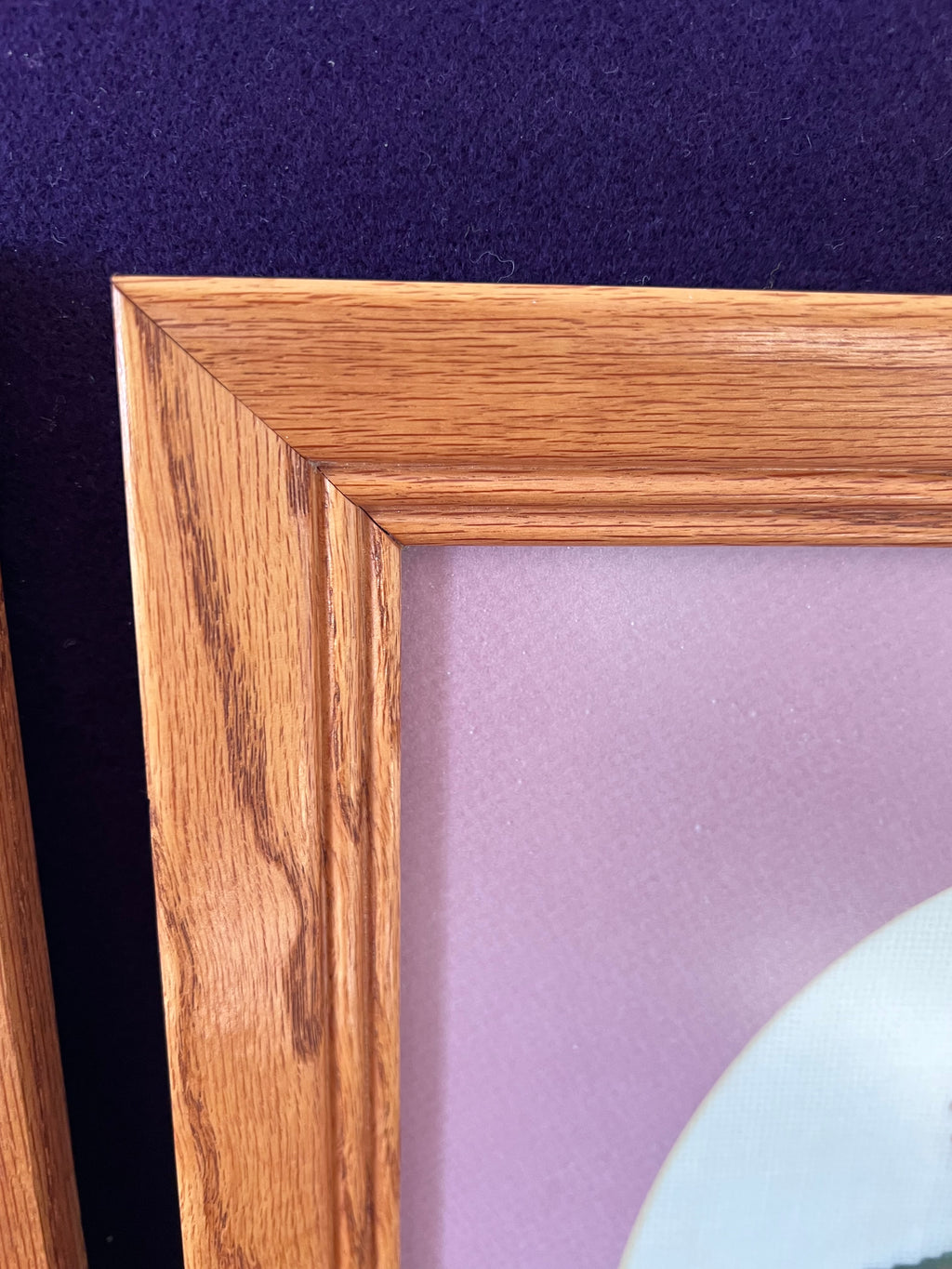 Pair of Vintage Framed Hummingbird Cross-Stitch Wall Art – Muted Plum & Oak