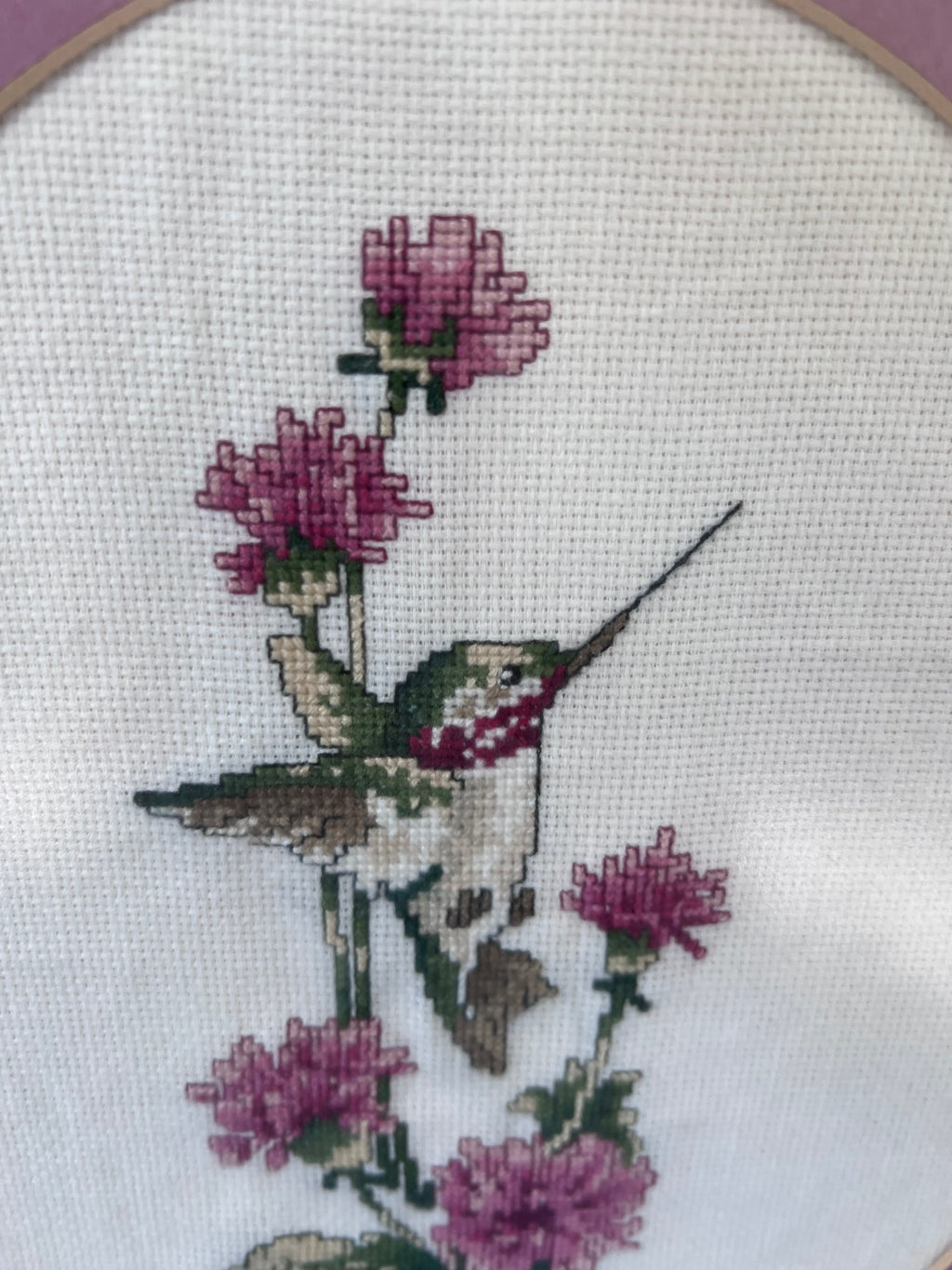 Pair of Vintage Framed Hummingbird Cross-Stitch Wall Art – Muted Plum & Oak