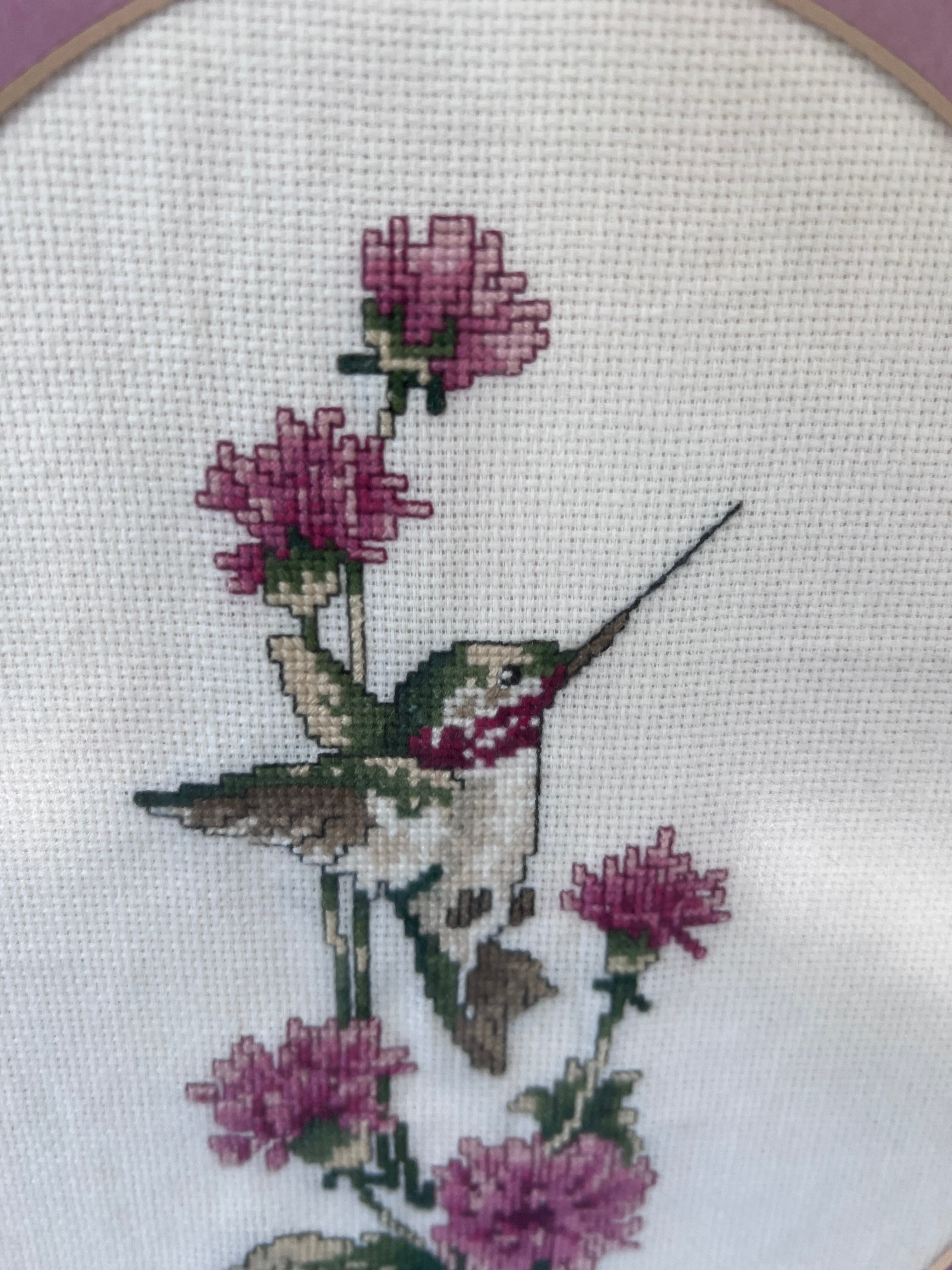 Pair of Vintage Framed Hummingbird Cross-Stitch Wall Art – Muted Plum & Oak