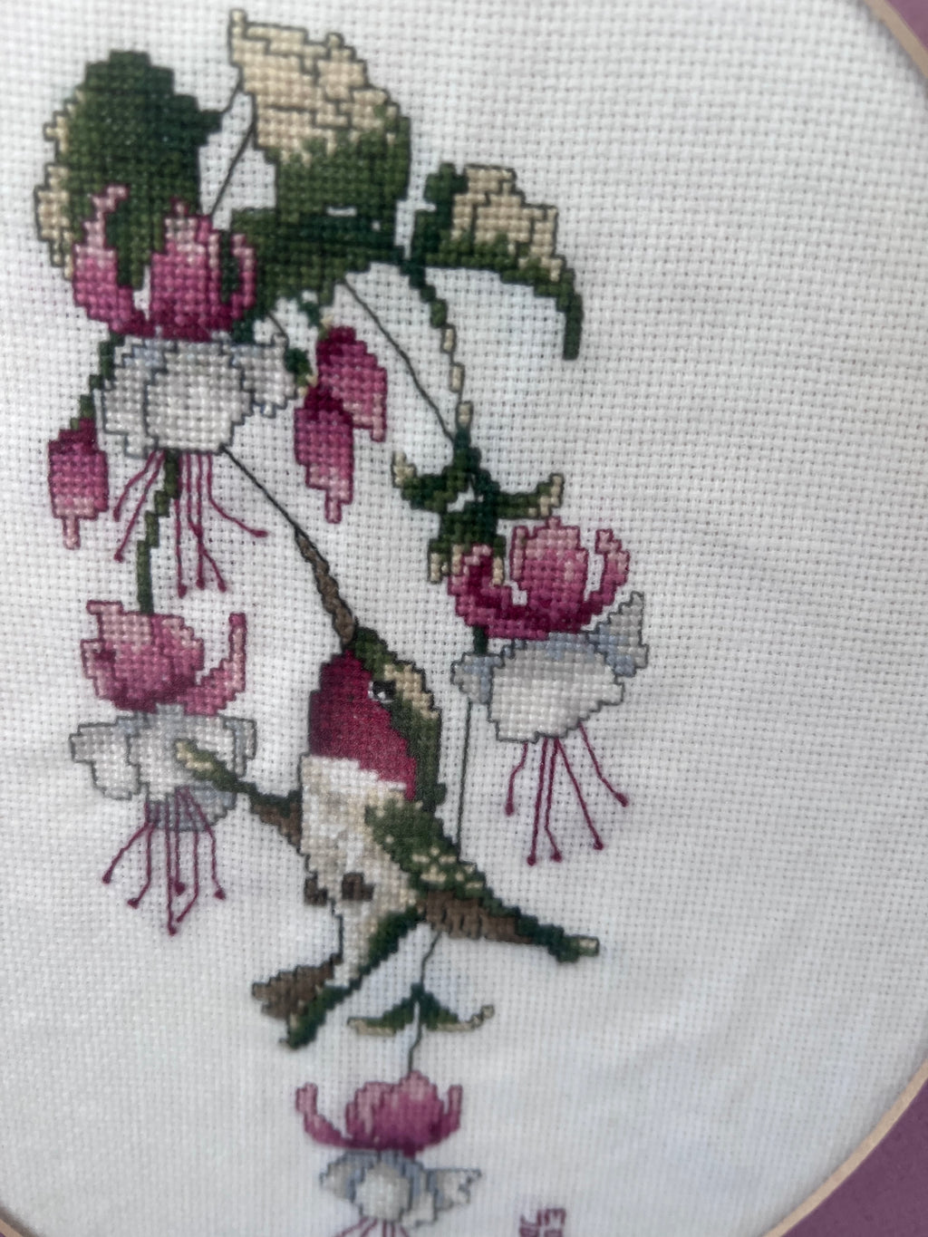Pair of Vintage Framed Hummingbird Cross-Stitch Wall Art – Muted Plum & Oak