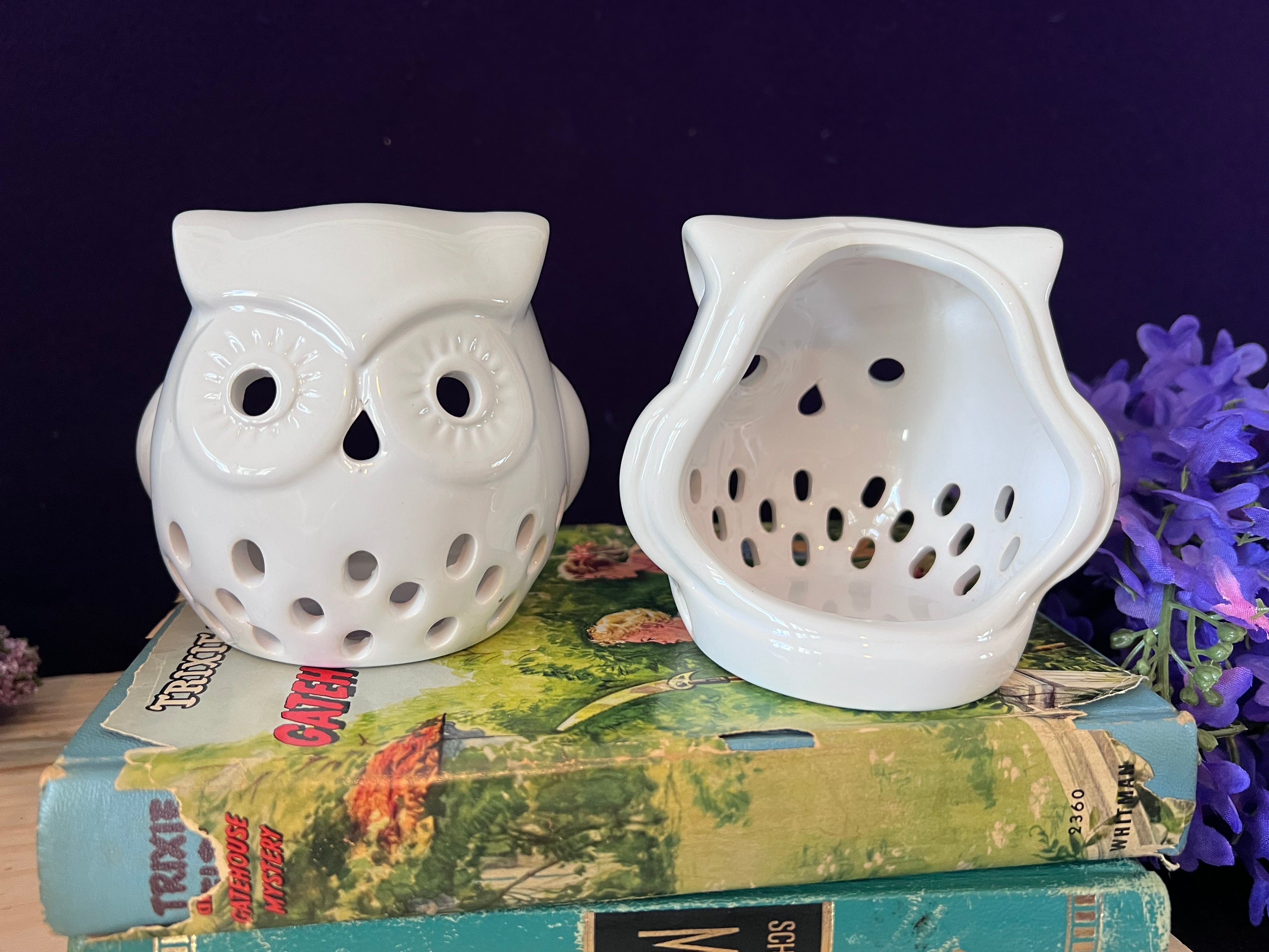Vintage White Ceramic Owl Tealight Holders – Set of 2