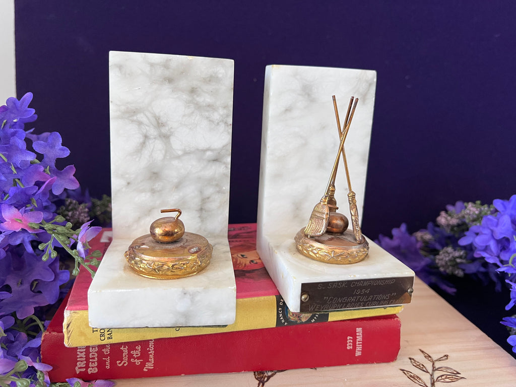 Vintage 1954 Weyburn Ladies Curling Championship Marble Bookends — Canadian Canadiana