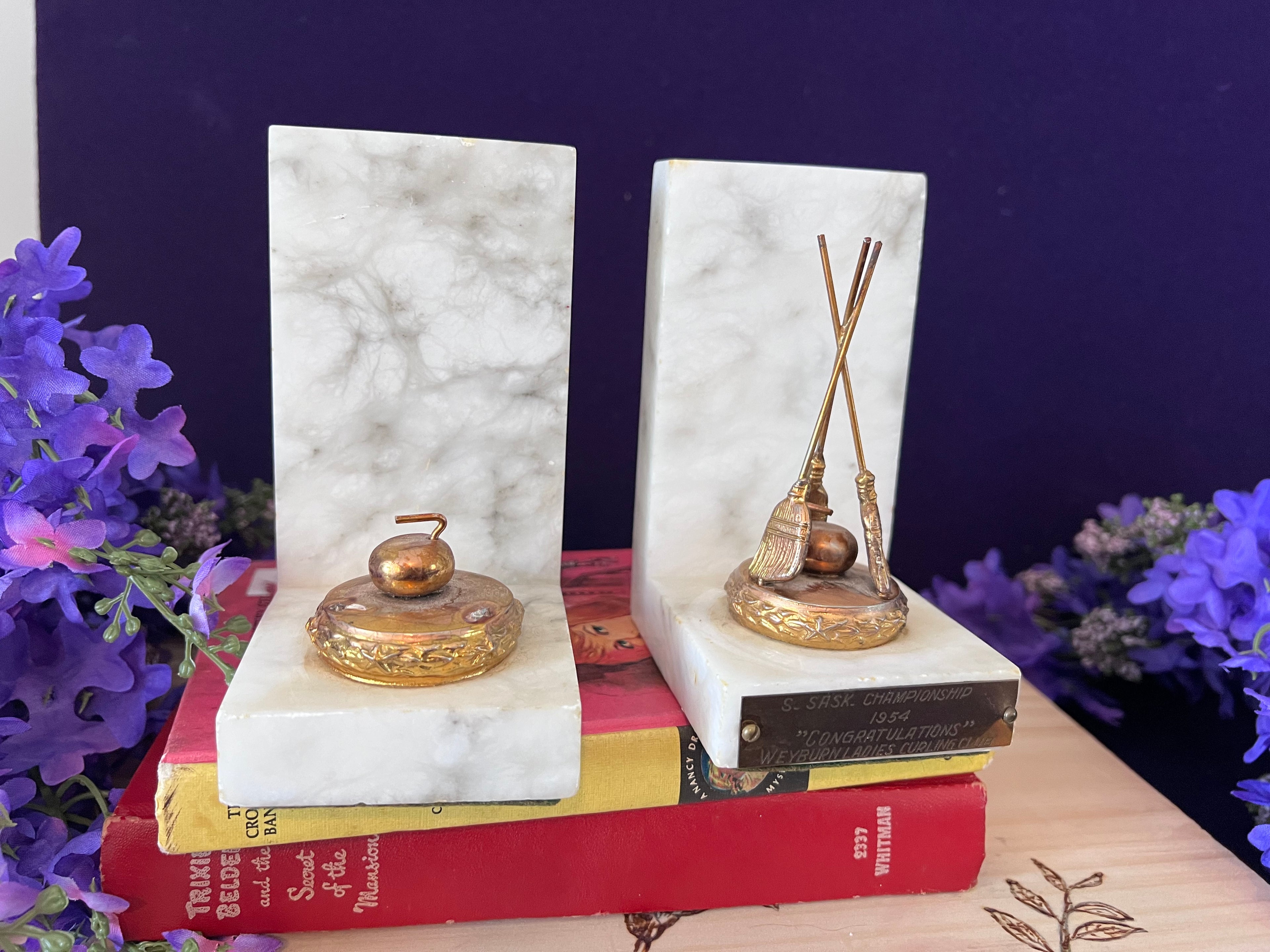 Vintage 1954 Weyburn Ladies Curling Championship Marble Bookends — Canadian Canadiana