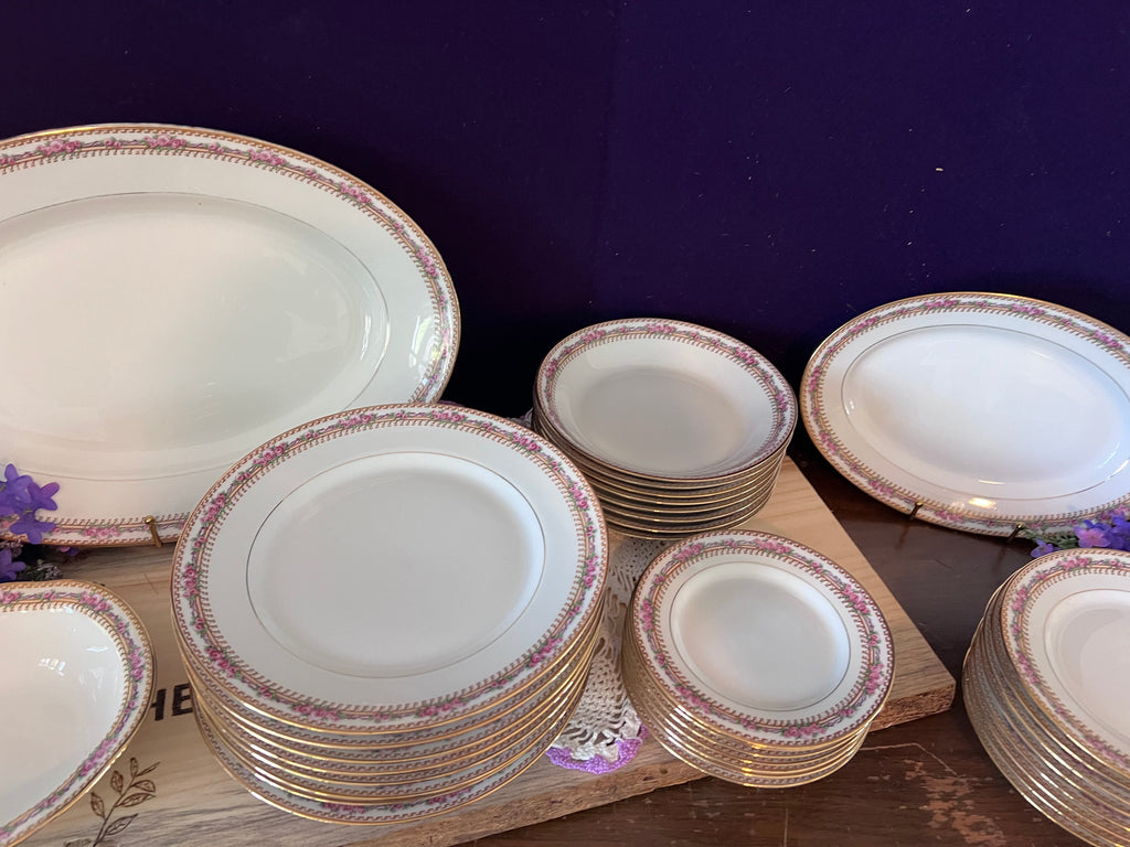 Antique GDA Limoges France 34-Piece Porcelain Dinner Service – Pink Rose Swag & Gold Lattice Border