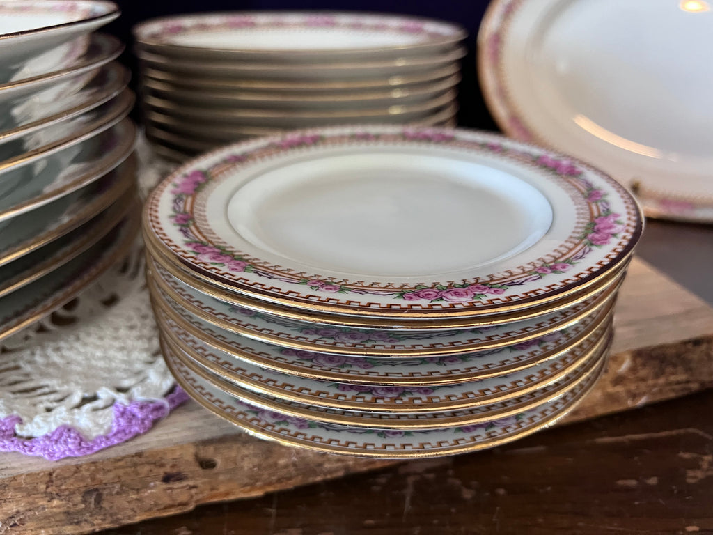 Antique GDA Limoges France 34-Piece Porcelain Dinner Service – Pink Rose Swag & Gold Lattice Border