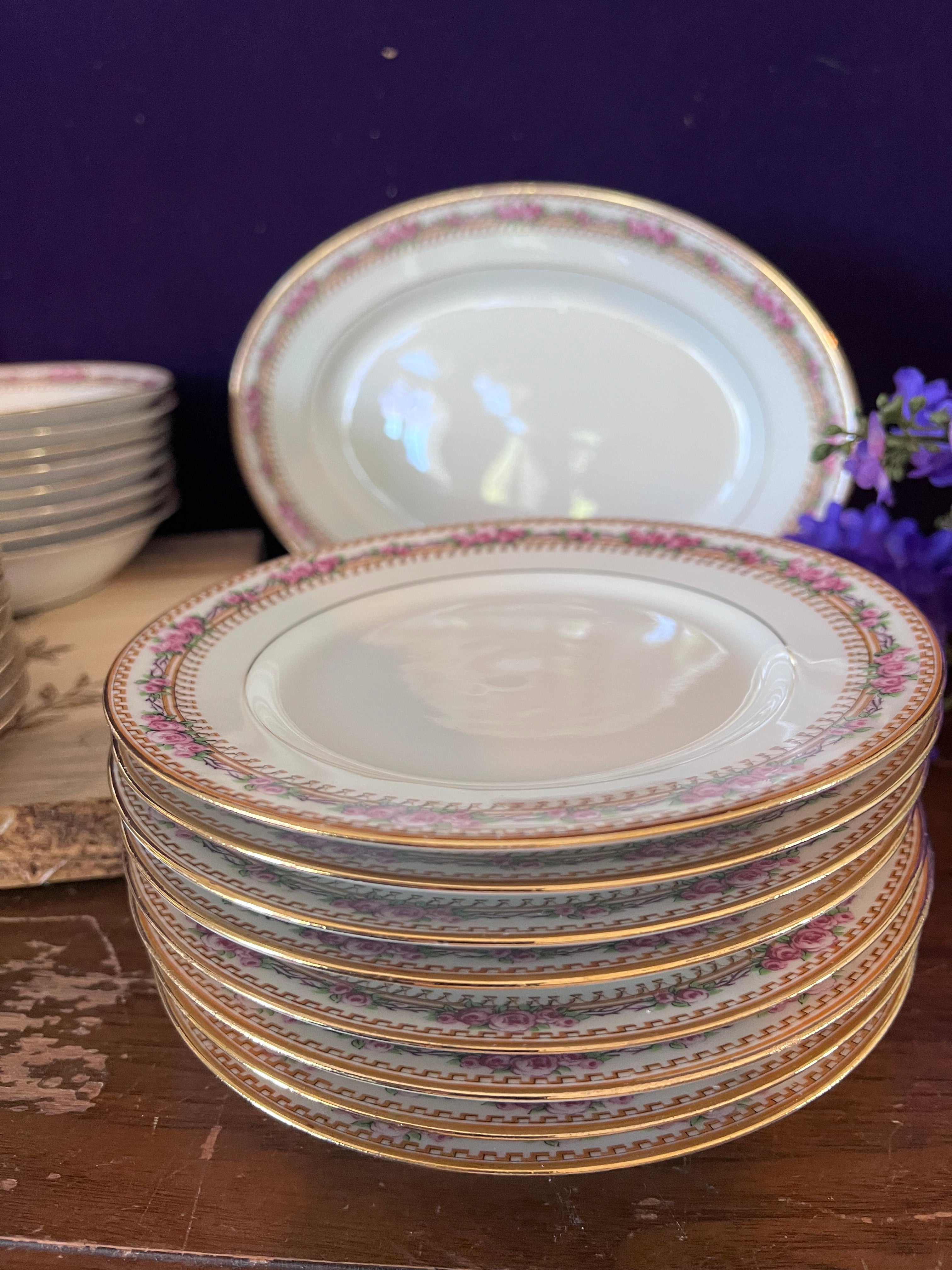 Antique GDA Limoges France 34-Piece Porcelain Dinner Service – Pink Rose Swag & Gold Lattice Border