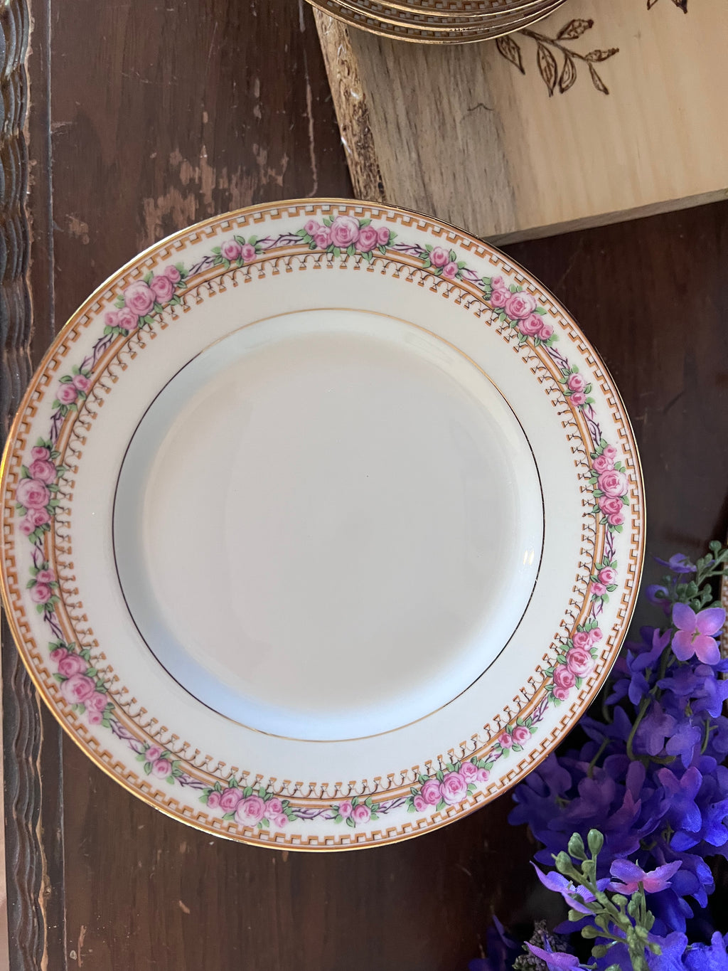 Antique GDA Limoges France 34-Piece Porcelain Dinner Service – Pink Rose Swag & Gold Lattice Border