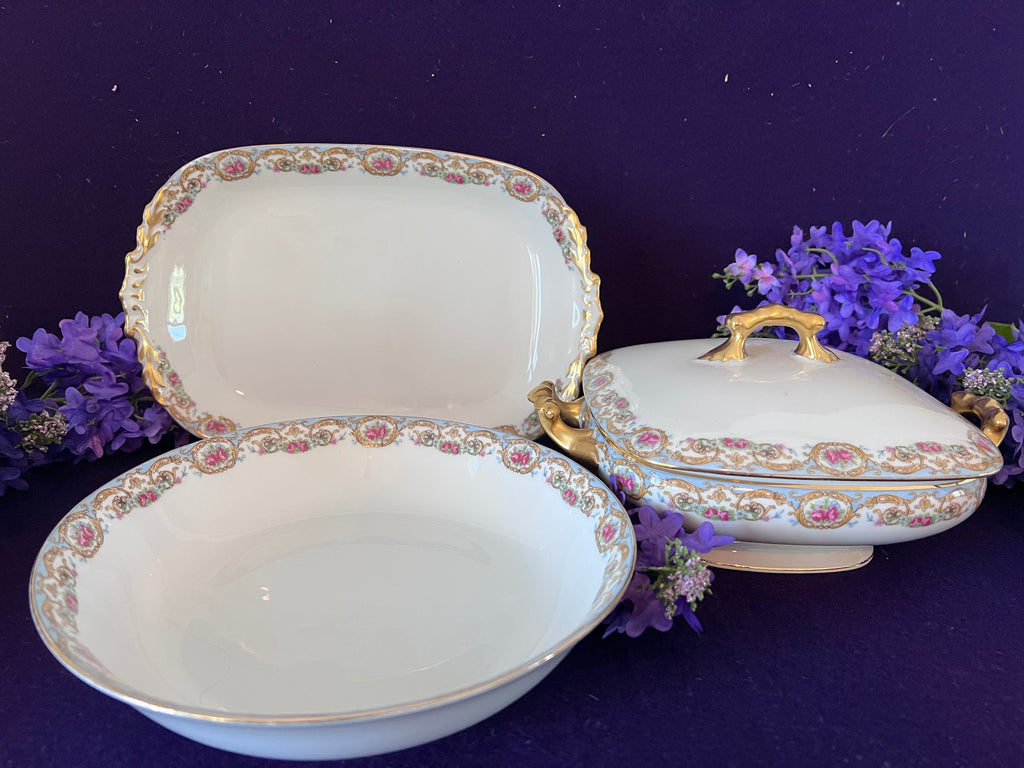 Antique Elite Works Limoges Porcelain Serving Set - 3-Piece Grandmillennial Tureen, Platter & Bowl, Blue Ribbon & Pink Rose Garland, c. 1920-1932