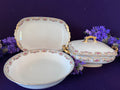 Antique Elite Works Limoges Porcelain Serving Set - 3-Piece Grandmillennial Tureen, Platter & Bowl, Blue Ribbon & Pink Rose Garland, c. 1920-1932