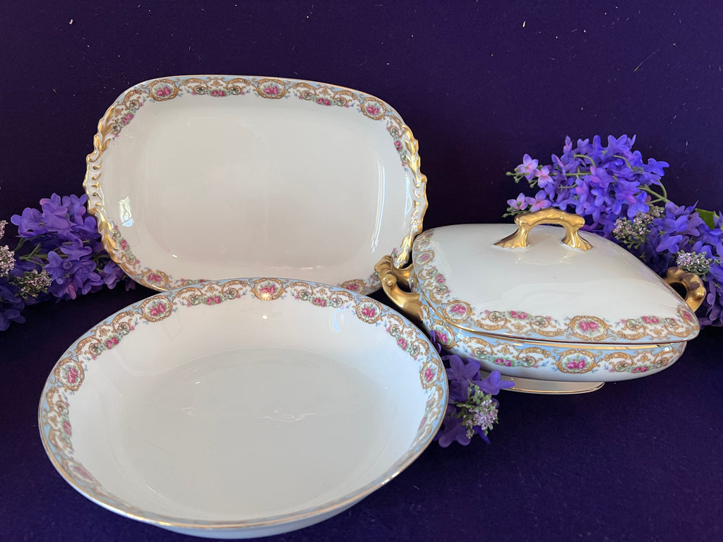 Antique Elite Works Limoges Porcelain Serving Set - 3-Piece Grandmillennial Tureen, Platter & Bowl, Blue Ribbon & Pink Rose Garland, c. 1920-1932