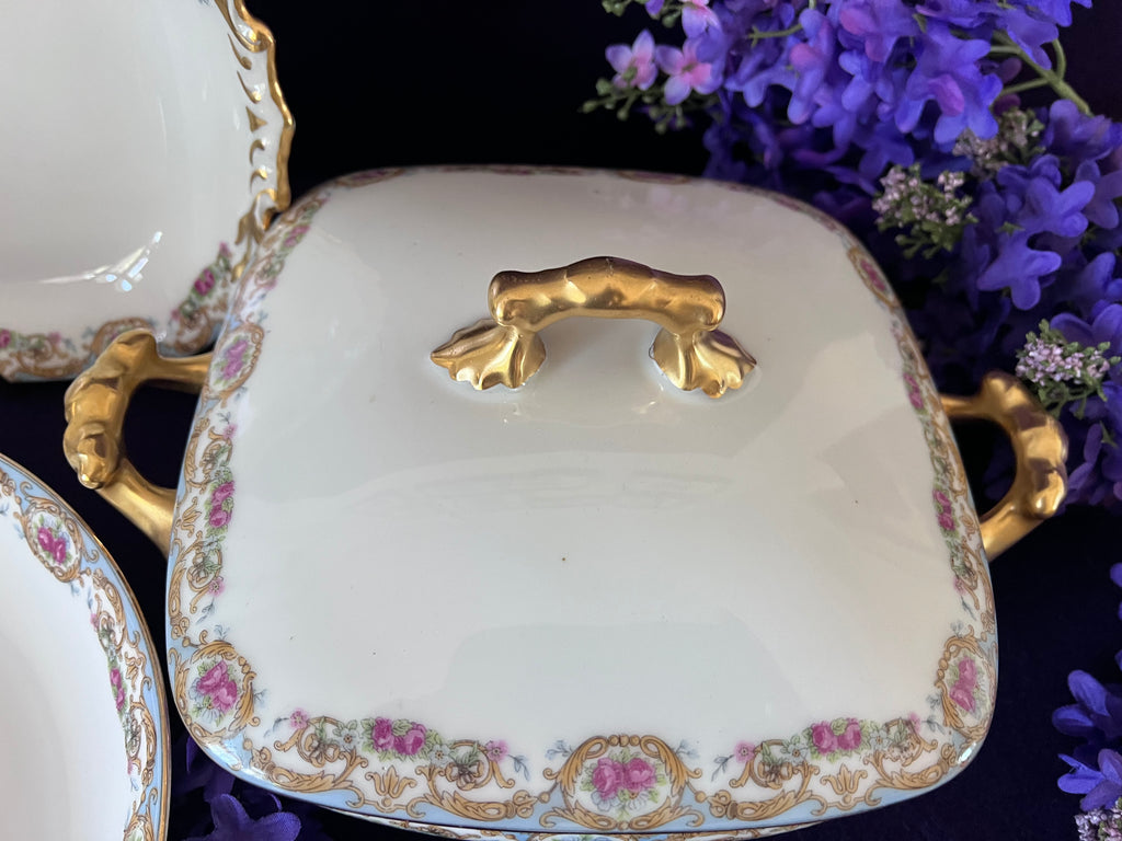Antique Elite Works Limoges Porcelain Serving Set - 3-Piece Grandmillennial Tureen, Platter & Bowl, Blue Ribbon & Pink Rose Garland, c. 1920-1932