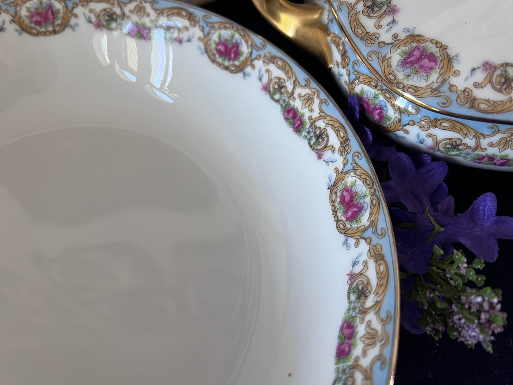 Antique Elite Works Limoges Porcelain Serving Set - 3-Piece Grandmillennial Tureen, Platter & Bowl, Blue Ribbon & Pink Rose Garland, c. 1920-1932