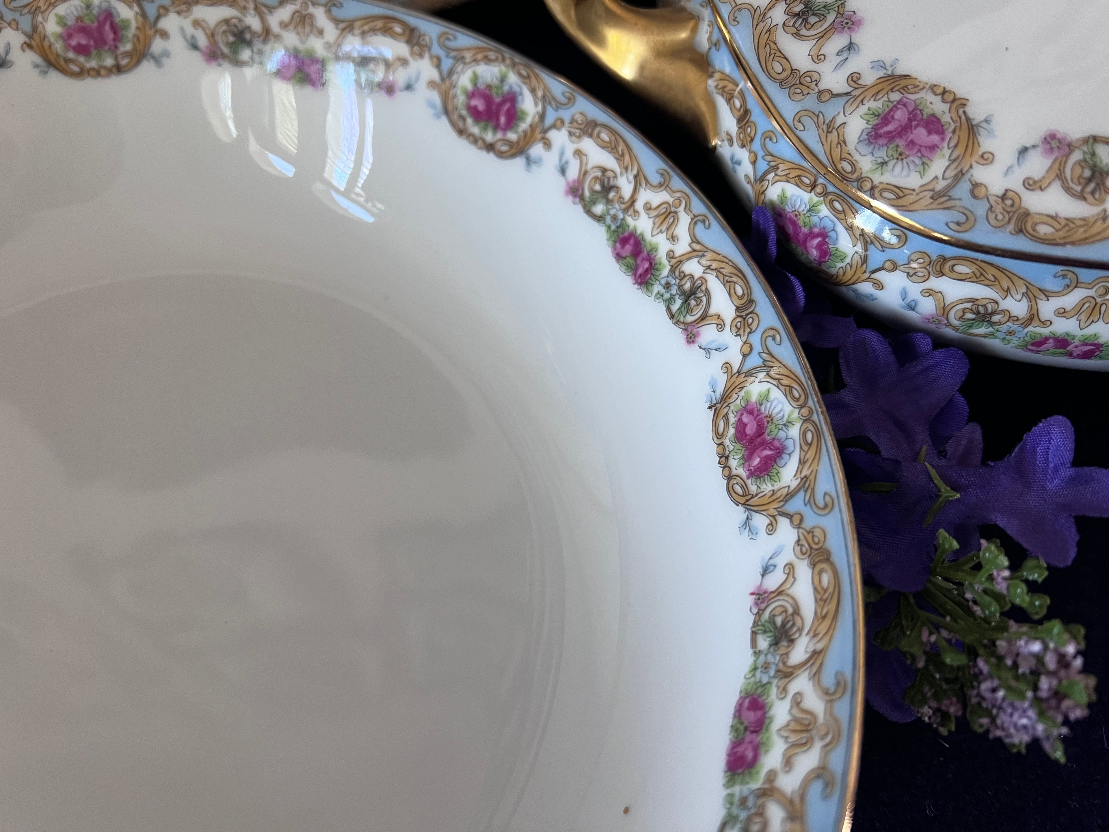 Antique Elite Works Limoges Porcelain Serving Set - 3-Piece Grandmillennial Tureen, Platter & Bowl, Blue Ribbon & Pink Rose Garland, c. 1920-1932