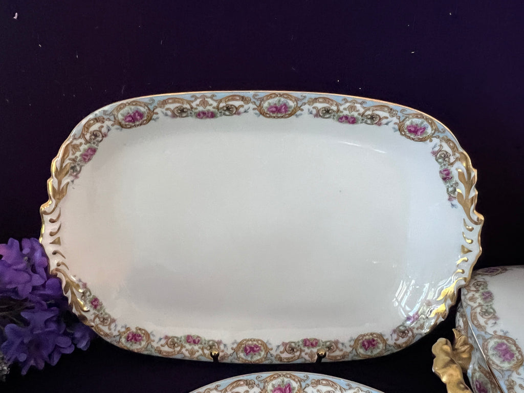 Antique Elite Works Limoges Porcelain Serving Set - 3-Piece Grandmillennial Tureen, Platter & Bowl, Blue Ribbon & Pink Rose Garland, c. 1920-1932