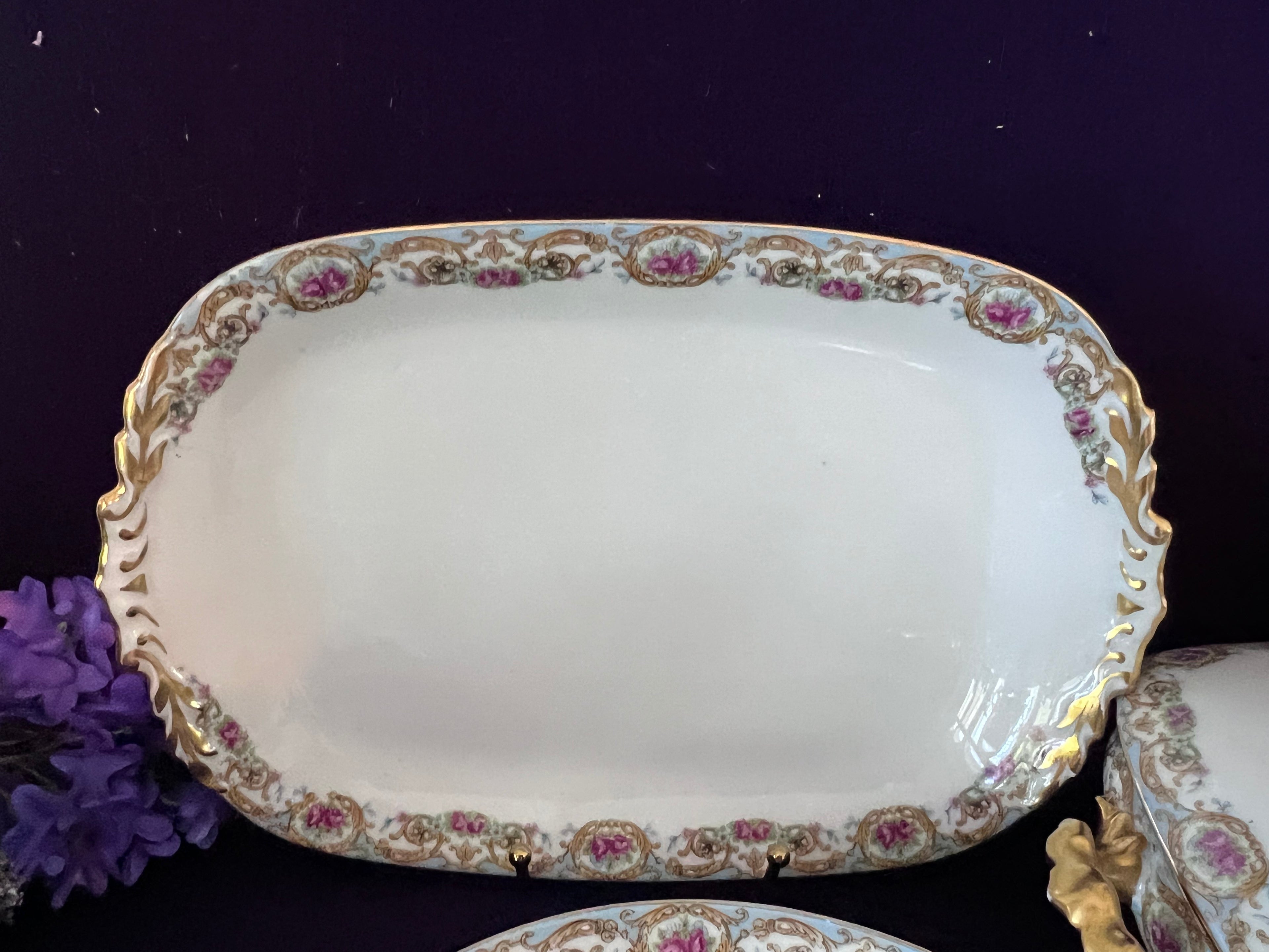 Antique Elite Works Limoges Porcelain Serving Set - 3-Piece Grandmillennial Tureen, Platter & Bowl, Blue Ribbon & Pink Rose Garland, c. 1920-1932