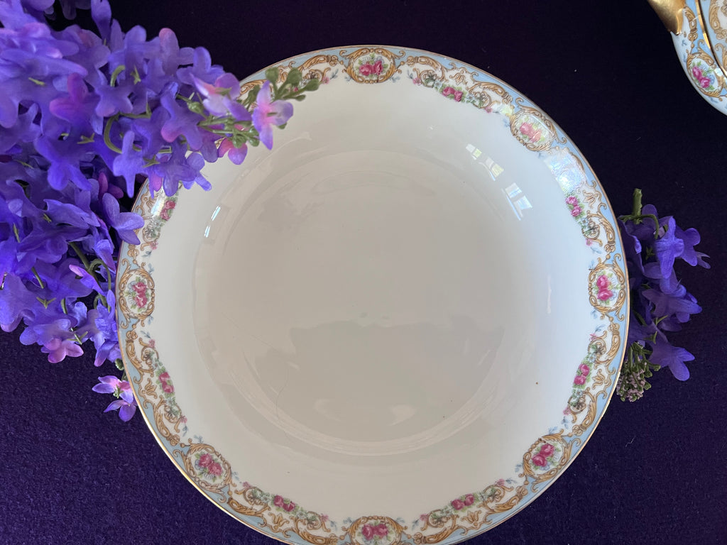 Antique Elite Works Limoges Porcelain Serving Set - 3-Piece Grandmillennial Tureen, Platter & Bowl, Blue Ribbon & Pink Rose Garland, c. 1920-1932