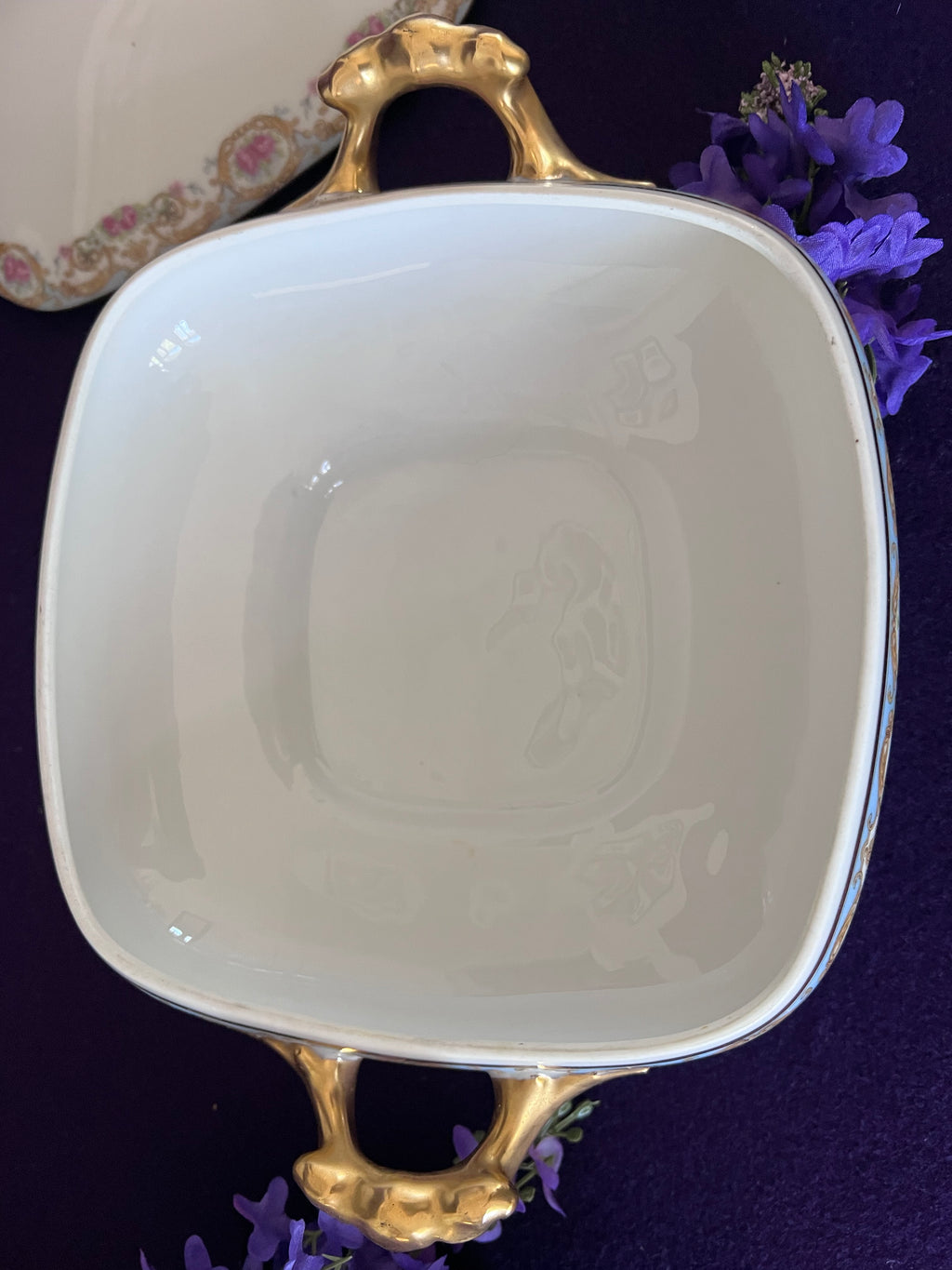 Antique Elite Works Limoges Porcelain Serving Set - 3-Piece Grandmillennial Tureen, Platter & Bowl, Blue Ribbon & Pink Rose Garland, c. 1920-1932